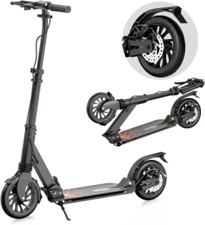 Scooter for Kids Ages 6-12 & Adults, Foldable with Rear Disc Brake & Dual Shock Absorbers, 8" Large Wheels, Upgraded Hand Brake System, 220 LB Weight Capacity, Height Adjustable