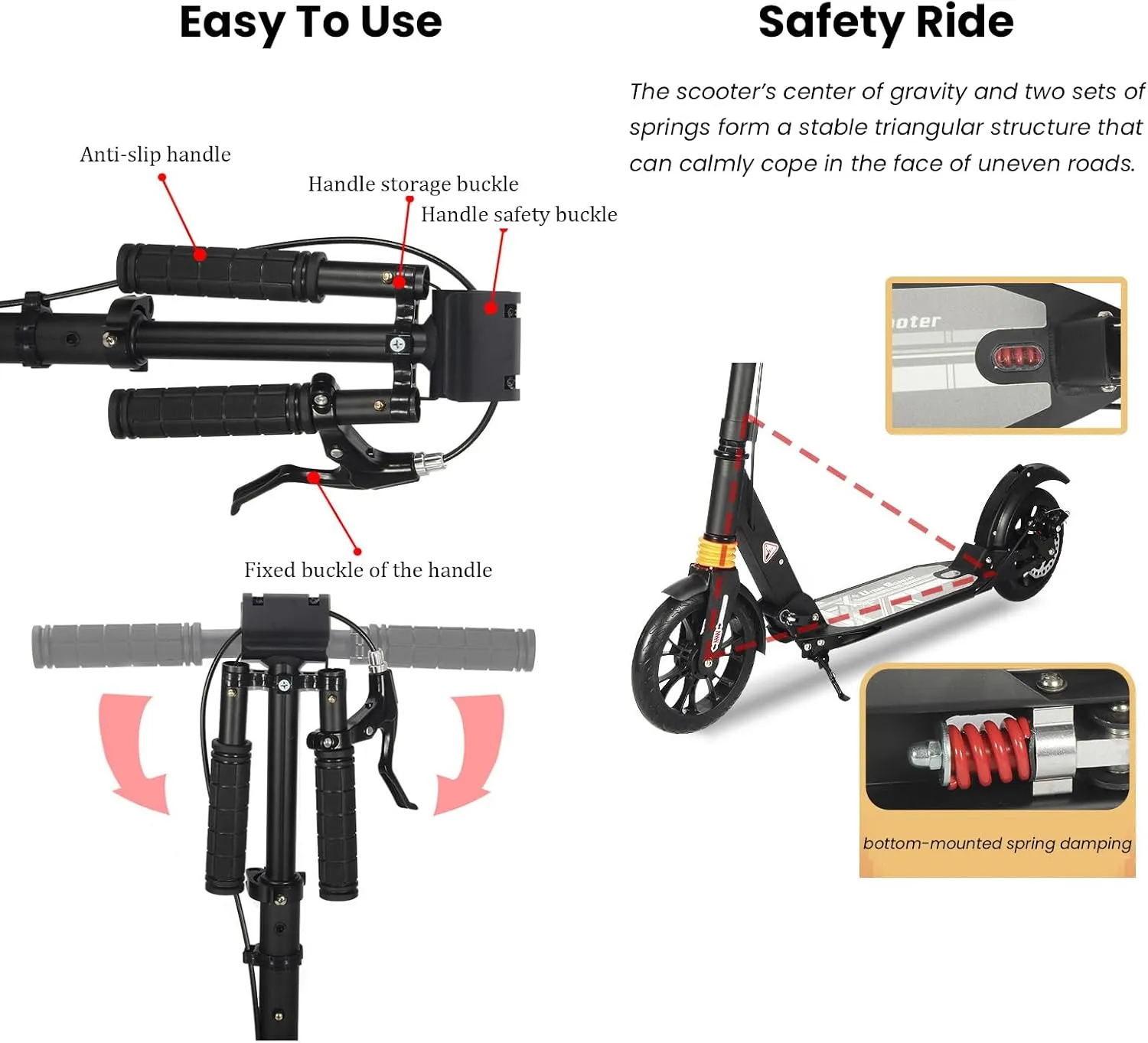 Scooter for Kids Ages 6-12 - Scooters for Teens 12 Years and Up - Adult Scooter with Anti-Shock Suspension - Quality Aluminum,Extra-Wide Deck,Dual-Brake System,Adjustable Handlebar,Up to 220 l