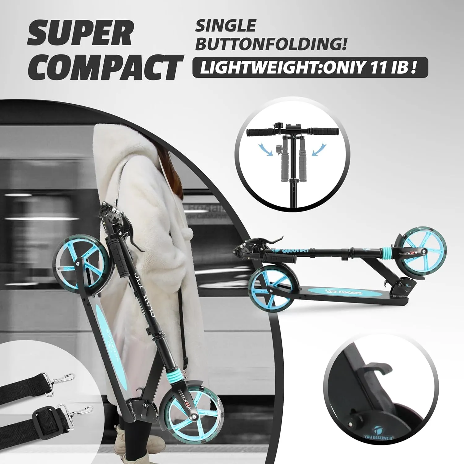 Scooter for Kids Ages 8  Teens & Adults, Lightweight Kick Scooter with Carry Strap Adjustable Height Equipped with Front handbrake and Rear Brake, Big Sturdy PU Flash Wheels Great Gift & Toy