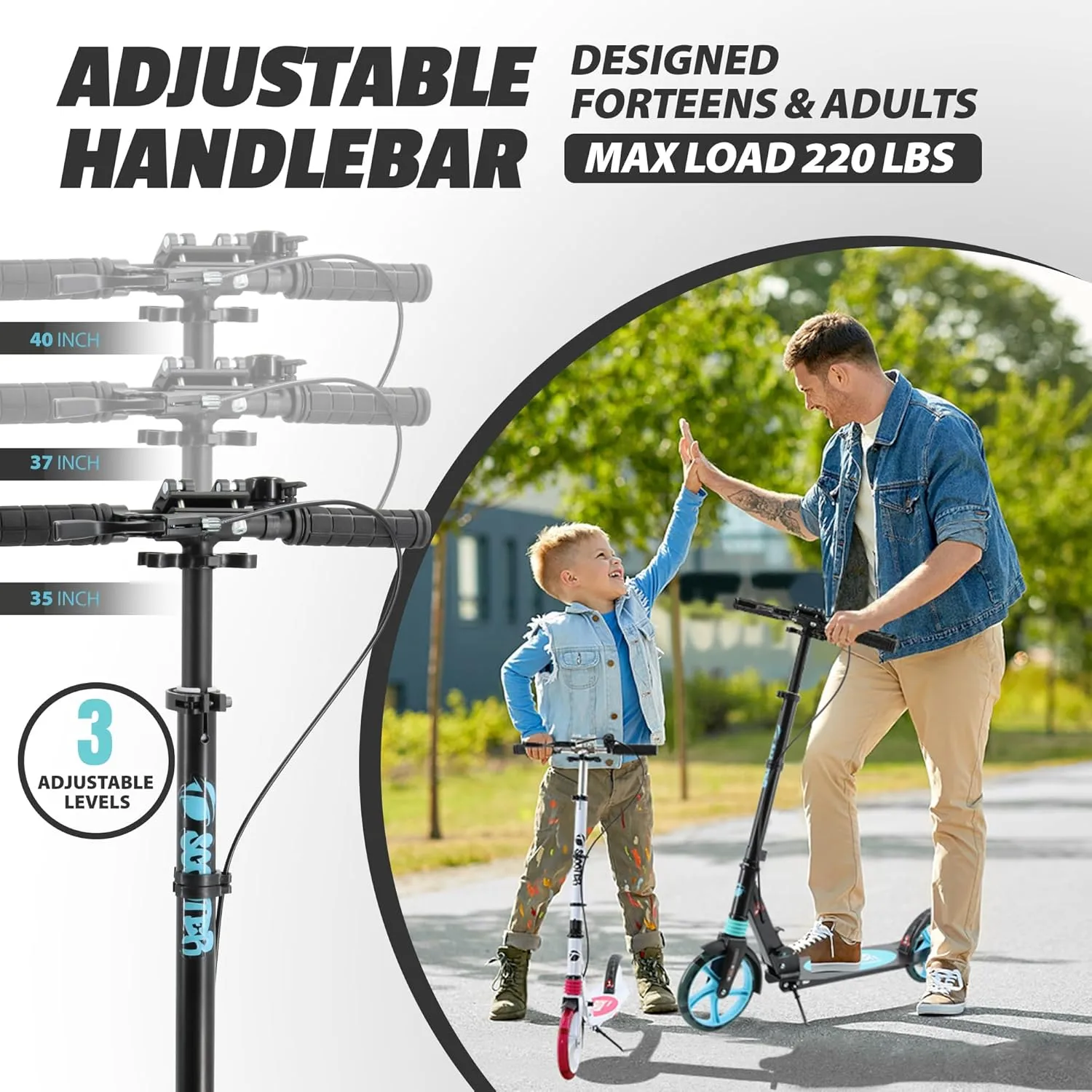 Scooter for Kids Ages 8  Teens & Adults, Lightweight Kick Scooter with Carry Strap Adjustable Height Equipped with Front handbrake and Rear Brake, Big Sturdy PU Flash Wheels Great Gift & Toy