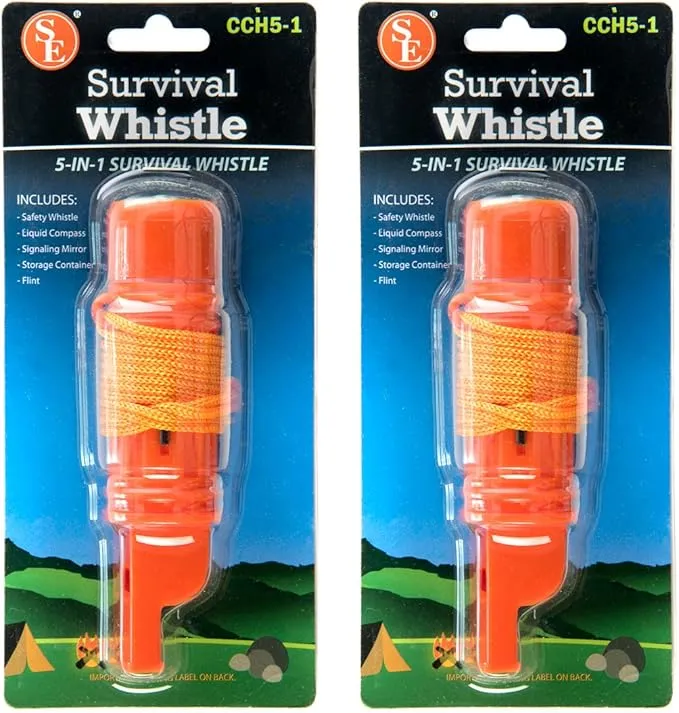SE 5-in-1 Orange Survival Whistle with Compass, Signaling Mirror, Lanyard, and Fire Starter - 112dB, 4.5-Inch Length - Ideal for Hiking, Camping, Emergencies (2-Pack) - CCH5