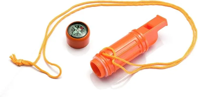 SE 5-in-1 Orange Survival Whistle with Compass, Signaling Mirror, Lanyard, and Fire Starter - 112dB, 4.5-Inch Length - Ideal for Hiking, Camping, Emergencies (2-Pack) - CCH5