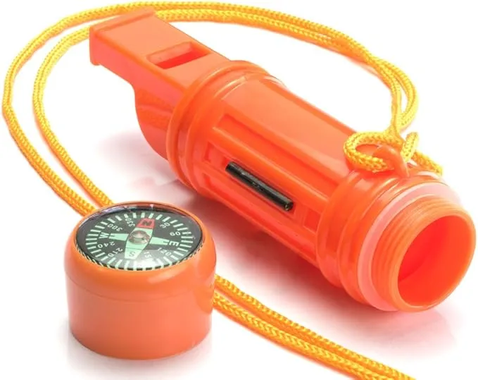 SE 5-in-1 Orange Survival Whistle with Compass, Signaling Mirror, Lanyard, and Fire Starter - 112dB, 4.5-Inch Length - Ideal for Hiking, Camping, Emergencies (2-Pack) - CCH5