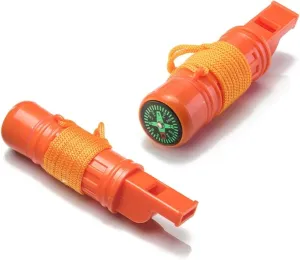 SE 5-in-1 Orange Survival Whistle with Compass, Signaling Mirror, Lanyard, and Fire Starter - 112dB, 4.5-Inch Length - Ideal for Hiking, Camping, Emergencies (2-Pack) - CCH5