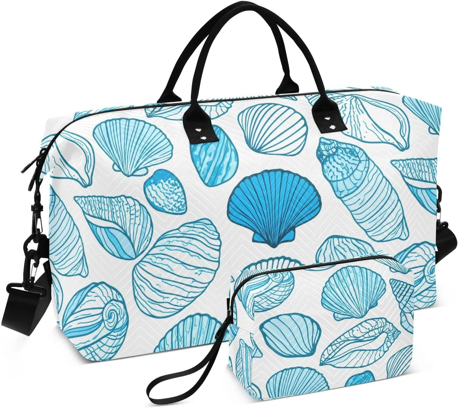 Seashells Drawing Sketch Cyan Sports Gym Bag for Women Men Travel Duffel Bag Weekend Overnight Carry on Bag with Toiletry Bag Hospital Bag for Swimming Yoga Workout Plane Hospital