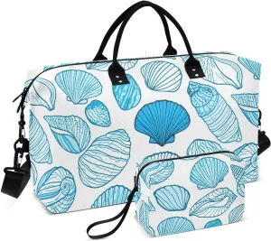 Seashells Drawing Sketch Cyan Sports Gym Bag for Women Men Travel Duffel Bag Weekend Overnight Carry on Bag with Toiletry Bag Hospital Bag for Swimming Yoga Workout Plane Hospital