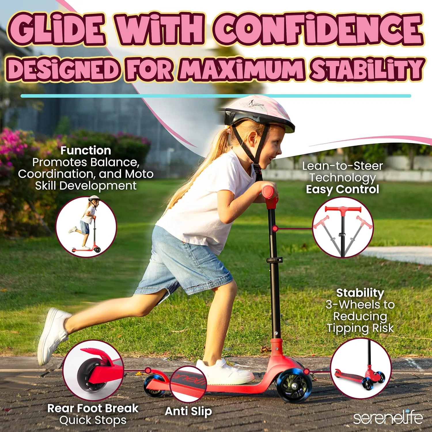 SereneLife 3 Wheel Foldable Kids Scooter - Foldable Seat, LED Wheel Lights, Adjustable Handlebar, Rear Foot Brake, Lean-to-Steer, Anti-Slip Deck, Ideal for Toddlers Kids 3 , up to 110Lbs