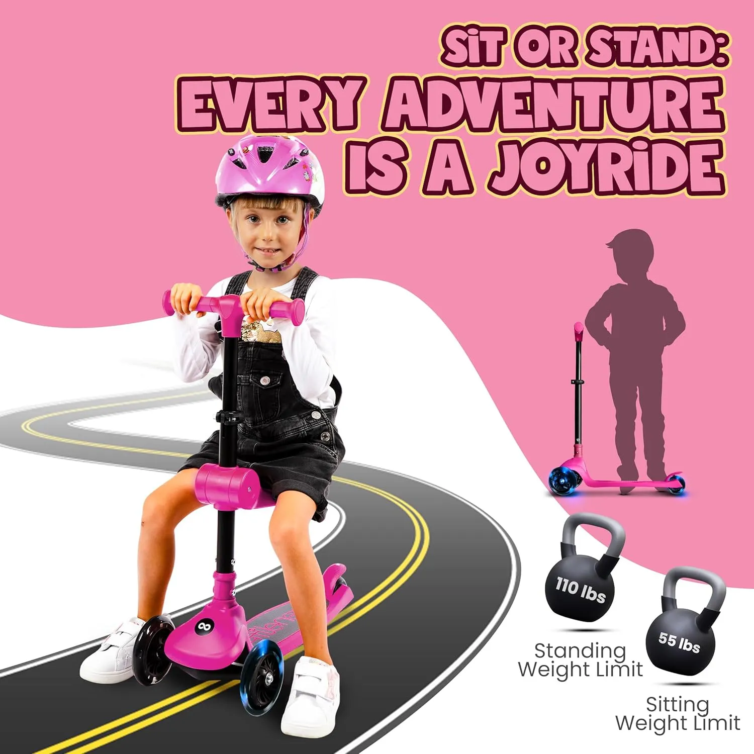 SereneLife 3 Wheel Foldable Kids Scooter - Foldable Seat, LED Wheel Lights, Adjustable Handlebar, Rear Foot Brake, Lean-to-Steer, Anti-Slip Deck, Ideal for Toddlers Kids 3 , up to 110Lbs