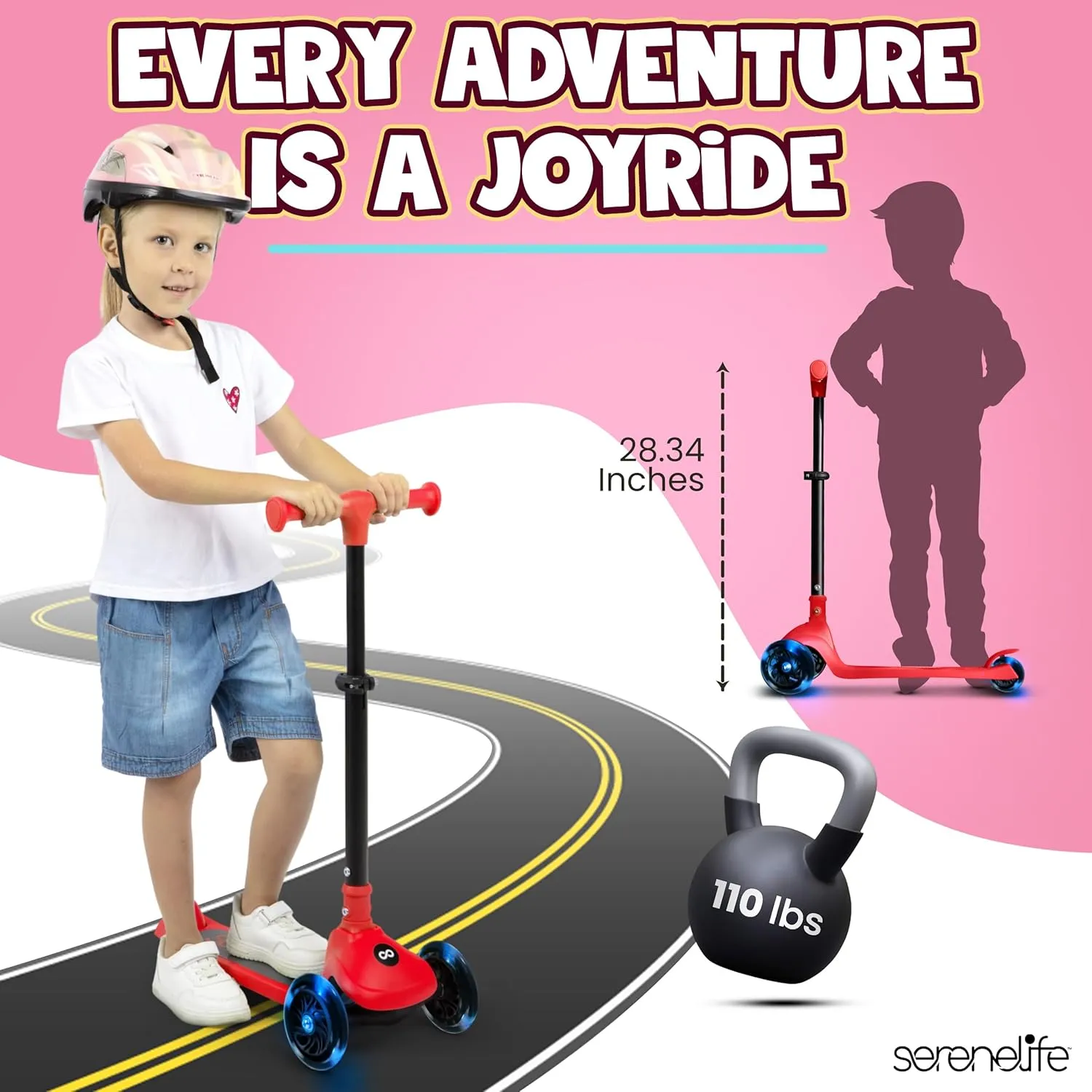 SereneLife 3 Wheel Foldable Kids Scooter - Foldable Seat, LED Wheel Lights, Adjustable Handlebar, Rear Foot Brake, Lean-to-Steer, Anti-Slip Deck, Ideal for Toddlers Kids 3 , up to 110Lbs