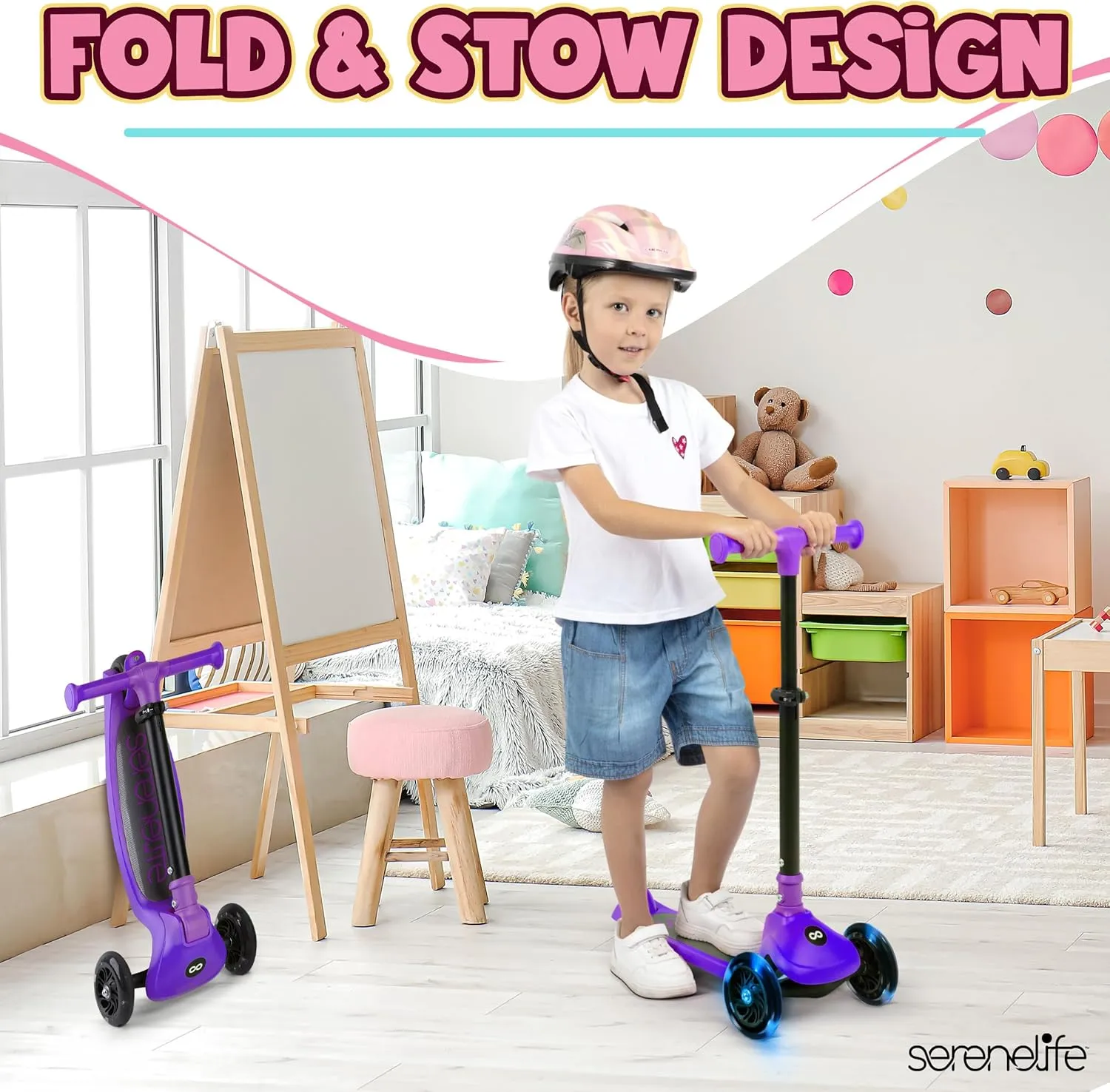 SereneLife 3 Wheel Foldable Kids Scooter - Foldable Seat, LED Wheel Lights, Adjustable Handlebar, Rear Foot Brake, Lean-to-Steer, Anti-Slip Deck, Ideal for Toddlers Kids 3 , up to 110Lbs