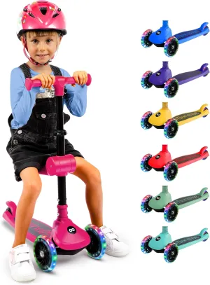 SereneLife 3 Wheel Foldable Kids Scooter - Foldable Seat, LED Wheel Lights, Adjustable Handlebar, Rear Foot Brake, Lean-to-Steer, Anti-Slip Deck, Ideal for Toddlers Kids 3 , up to 110Lbs