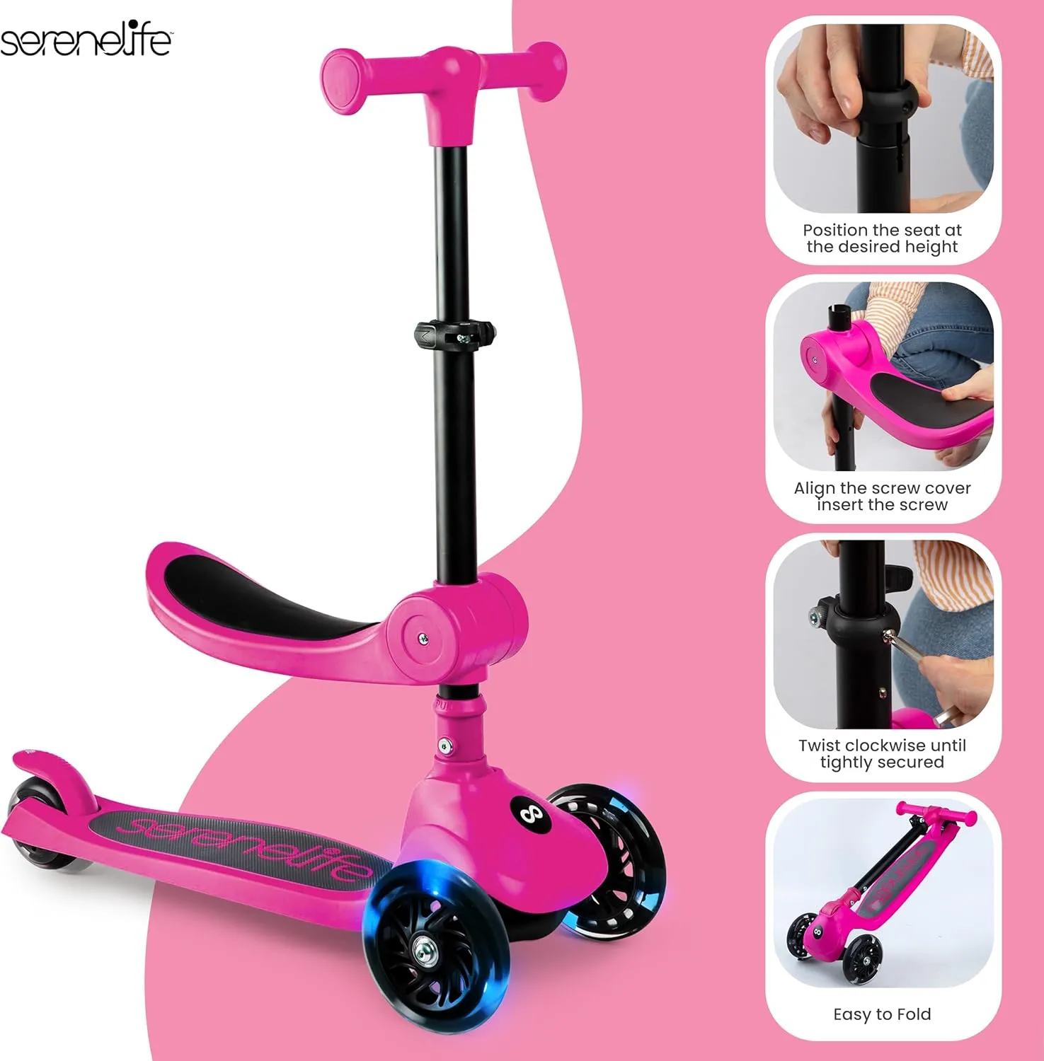 SereneLife 3 Wheel Foldable Kids Scooter - Foldable Seat, LED Wheel Lights, Adjustable Handlebar, Rear Foot Brake, Lean-to-Steer, Anti-Slip Deck, Ideal for Toddlers Kids 3 , up to 110Lbs