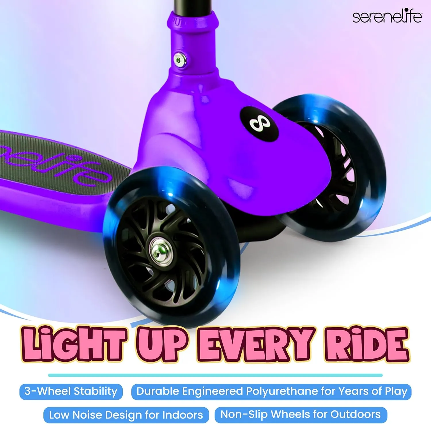 SereneLife 3 Wheel Foldable Kids Scooter - Foldable Seat, LED Wheel Lights, Adjustable Handlebar, Rear Foot Brake, Lean-to-Steer, Anti-Slip Deck, Ideal for Toddlers Kids 3 , up to 110Lbs