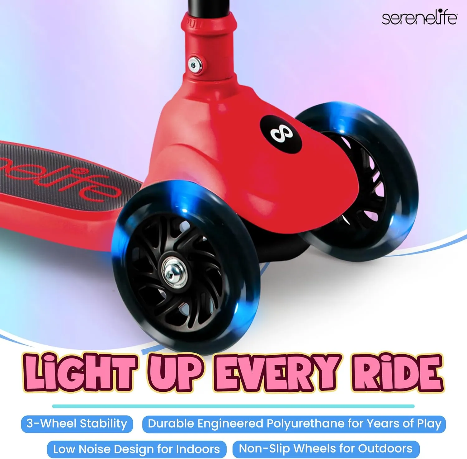 SereneLife 3 Wheel Foldable Kids Scooter - Foldable Seat, LED Wheel Lights, Adjustable Handlebar, Rear Foot Brake, Lean-to-Steer, Anti-Slip Deck, Ideal for Toddlers Kids 3 , up to 110Lbs