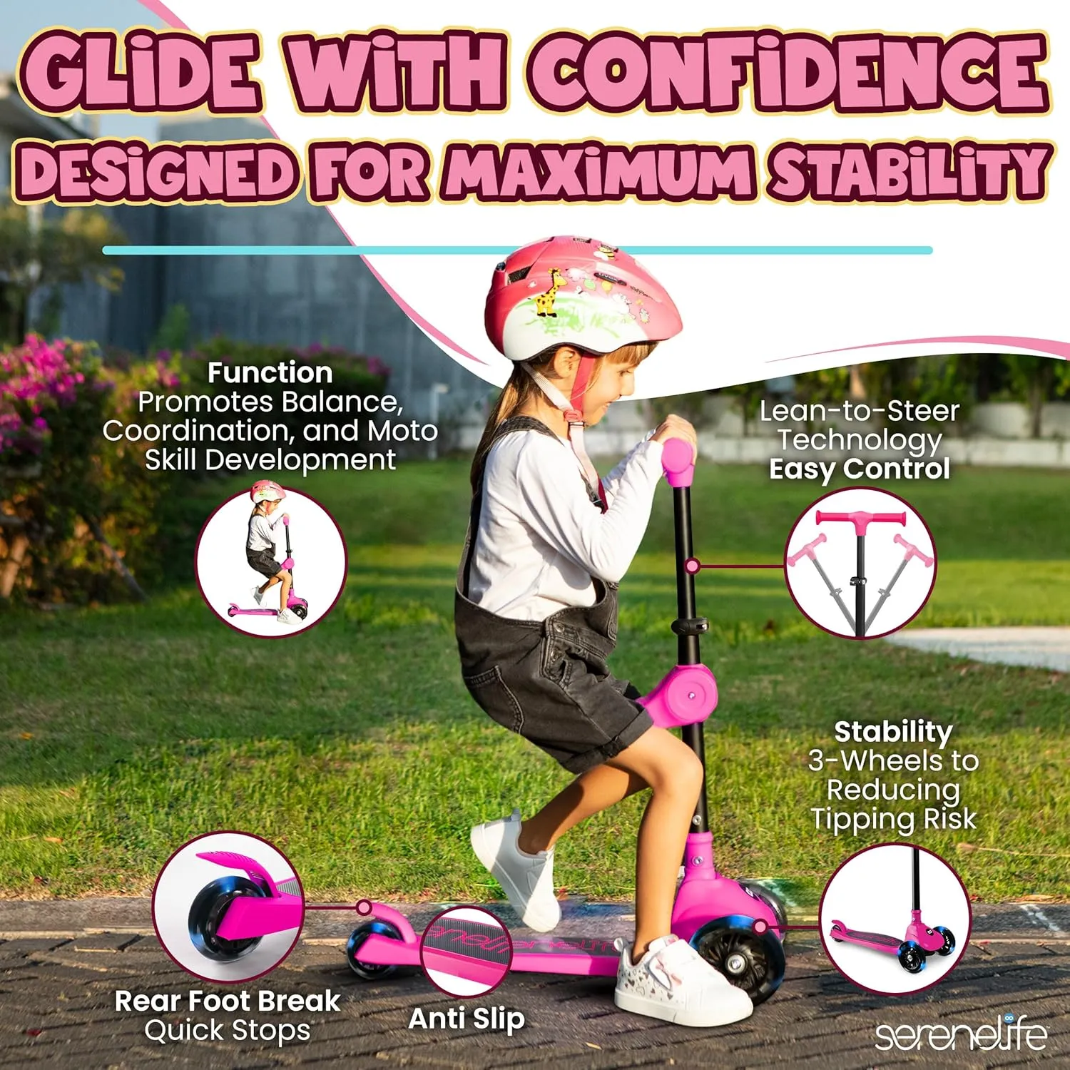 SereneLife 3 Wheel Foldable Kids Scooter - Foldable Seat, LED Wheel Lights, Adjustable Handlebar, Rear Foot Brake, Lean-to-Steer, Anti-Slip Deck, Ideal for Toddlers Kids 3 , up to 110Lbs