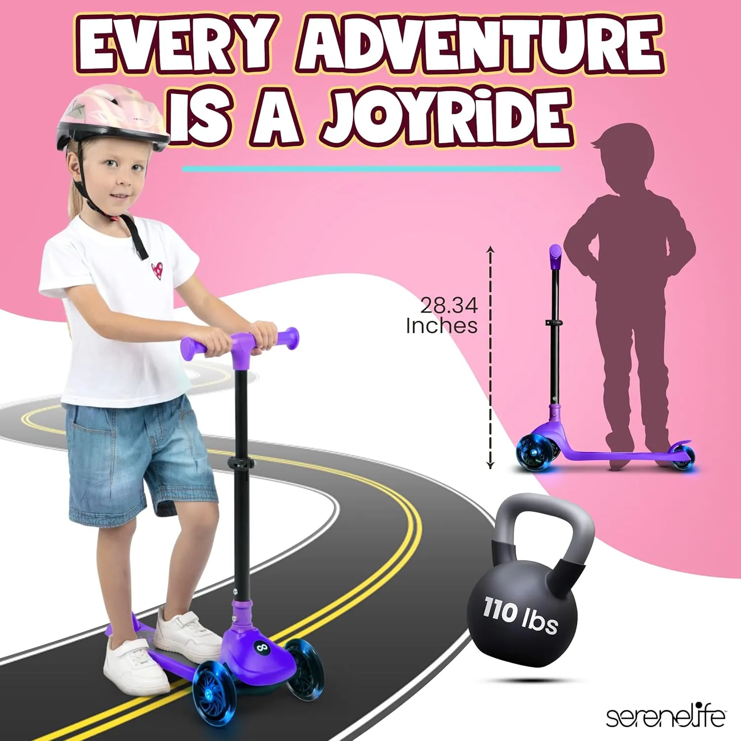 SereneLife 3 Wheel Foldable Kids Scooter - Foldable Seat, LED Wheel Lights, Adjustable Handlebar, Rear Foot Brake, Lean-to-Steer, Anti-Slip Deck, Ideal for Toddlers Kids 3 , up to 110Lbs