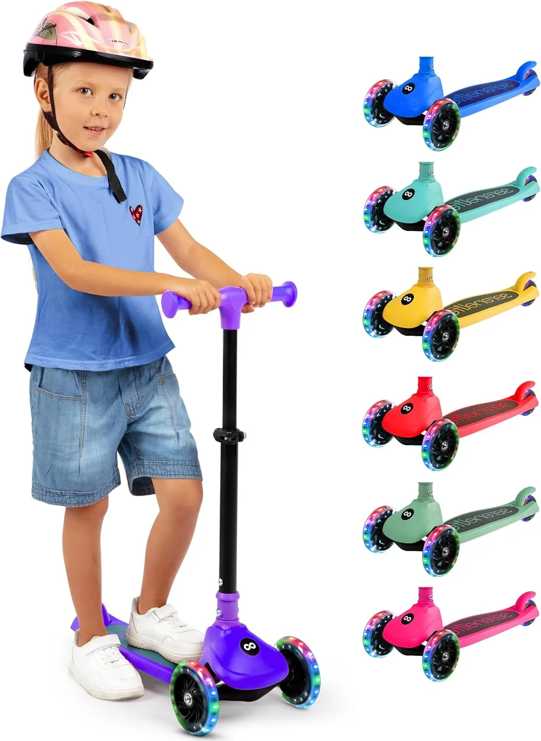SereneLife 3 Wheel Foldable Kids Scooter - Foldable Seat, LED Wheel Lights, Adjustable Handlebar, Rear Foot Brake, Lean-to-Steer, Anti-Slip Deck, Ideal for Toddlers Kids 3 , up to 110Lbs