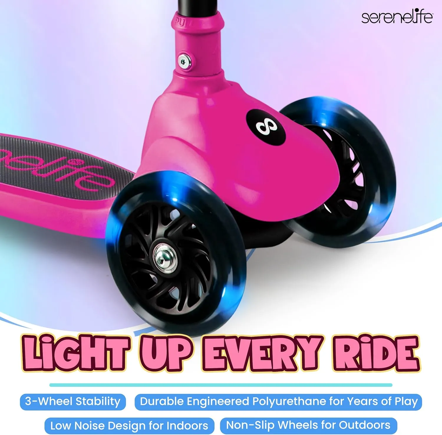 SereneLife 3 Wheel Foldable Kids Scooter - Foldable Seat, LED Wheel Lights, Adjustable Handlebar, Rear Foot Brake, Lean-to-Steer, Anti-Slip Deck, Ideal for Toddlers Kids 3 , up to 110Lbs