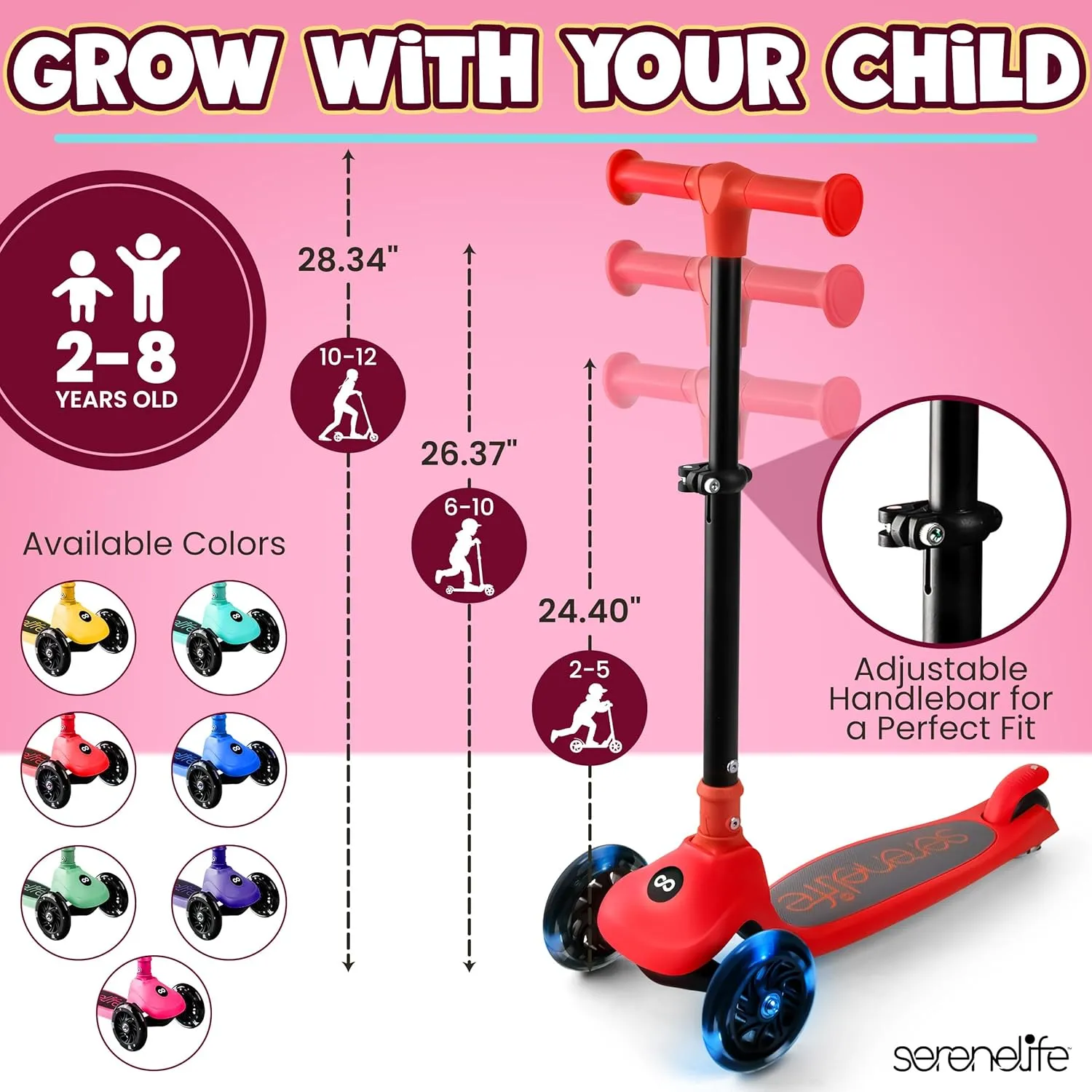 SereneLife 3 Wheel Foldable Kids Scooter - Foldable Seat, LED Wheel Lights, Adjustable Handlebar, Rear Foot Brake, Lean-to-Steer, Anti-Slip Deck, Ideal for Toddlers Kids 3 , up to 110Lbs