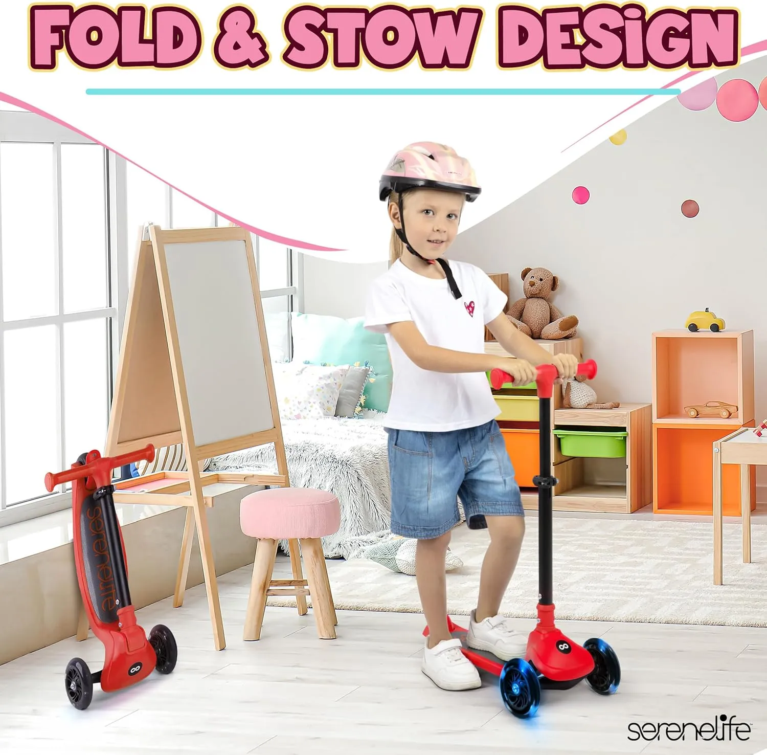 SereneLife 3 Wheel Foldable Kids Scooter - Foldable Seat, LED Wheel Lights, Adjustable Handlebar, Rear Foot Brake, Lean-to-Steer, Anti-Slip Deck, Ideal for Toddlers Kids 3 , up to 110Lbs