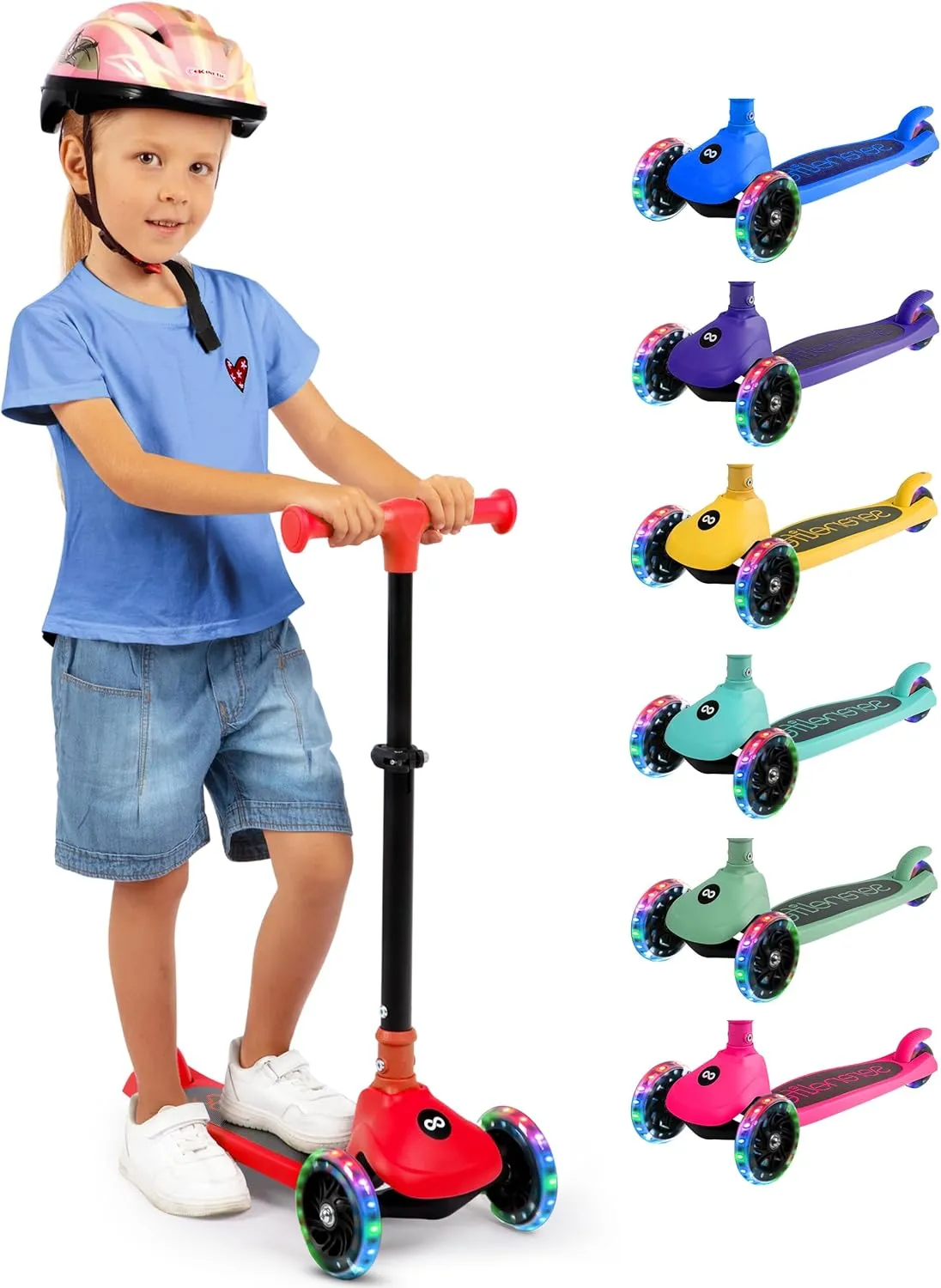 SereneLife 3 Wheel Foldable Kids Scooter - Foldable Seat, LED Wheel Lights, Adjustable Handlebar, Rear Foot Brake, Lean-to-Steer, Anti-Slip Deck, Ideal for Toddlers Kids 3 , up to 110Lbs