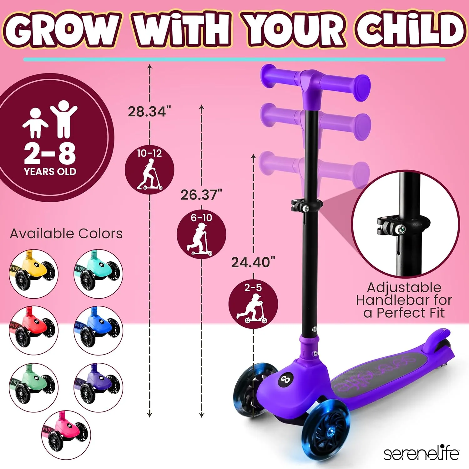 SereneLife 3 Wheel Foldable Kids Scooter - Foldable Seat, LED Wheel Lights, Adjustable Handlebar, Rear Foot Brake, Lean-to-Steer, Anti-Slip Deck, Ideal for Toddlers Kids 3 , up to 110Lbs