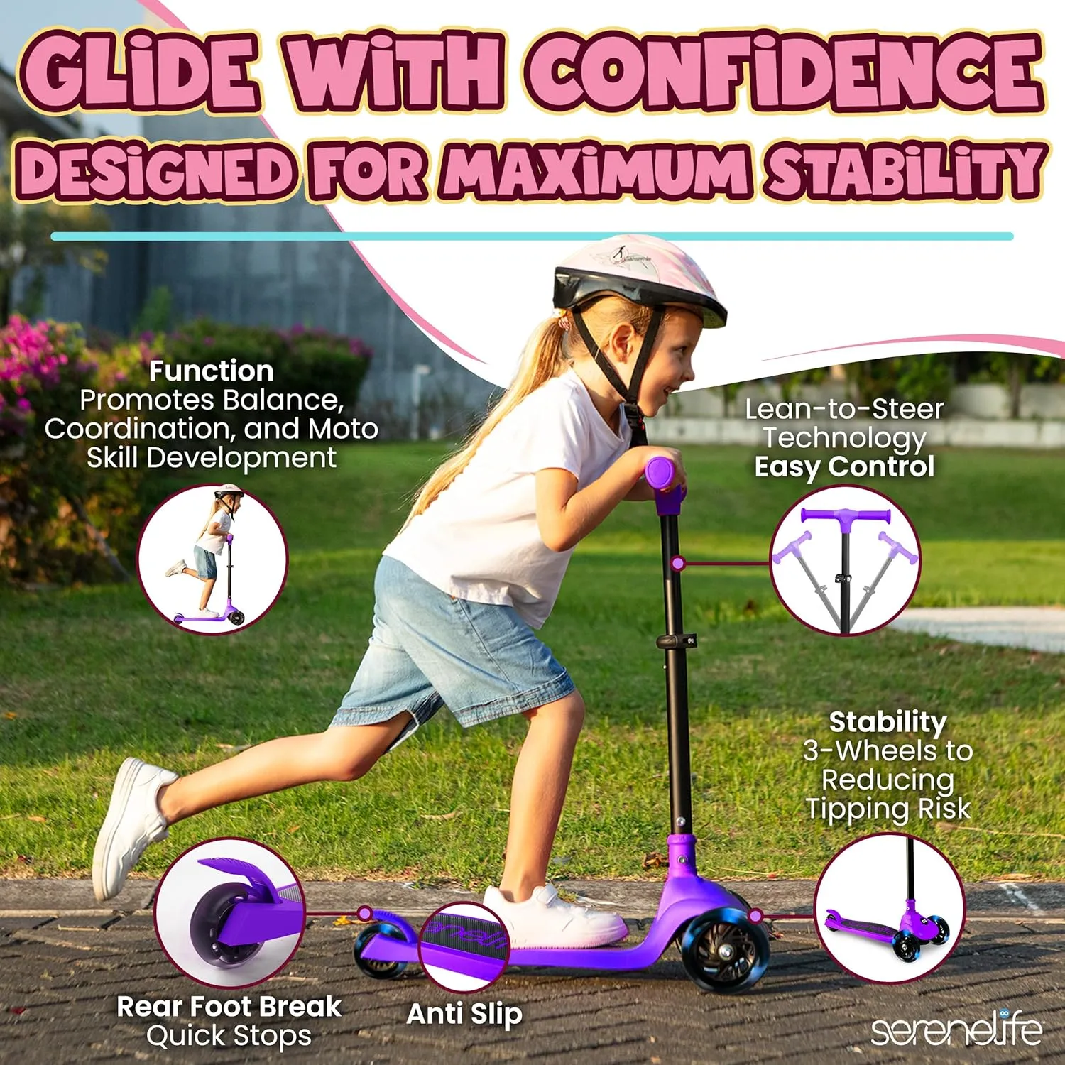SereneLife 3 Wheel Foldable Kids Scooter - Foldable Seat, LED Wheel Lights, Adjustable Handlebar, Rear Foot Brake, Lean-to-Steer, Anti-Slip Deck, Ideal for Toddlers Kids 3 , up to 110Lbs