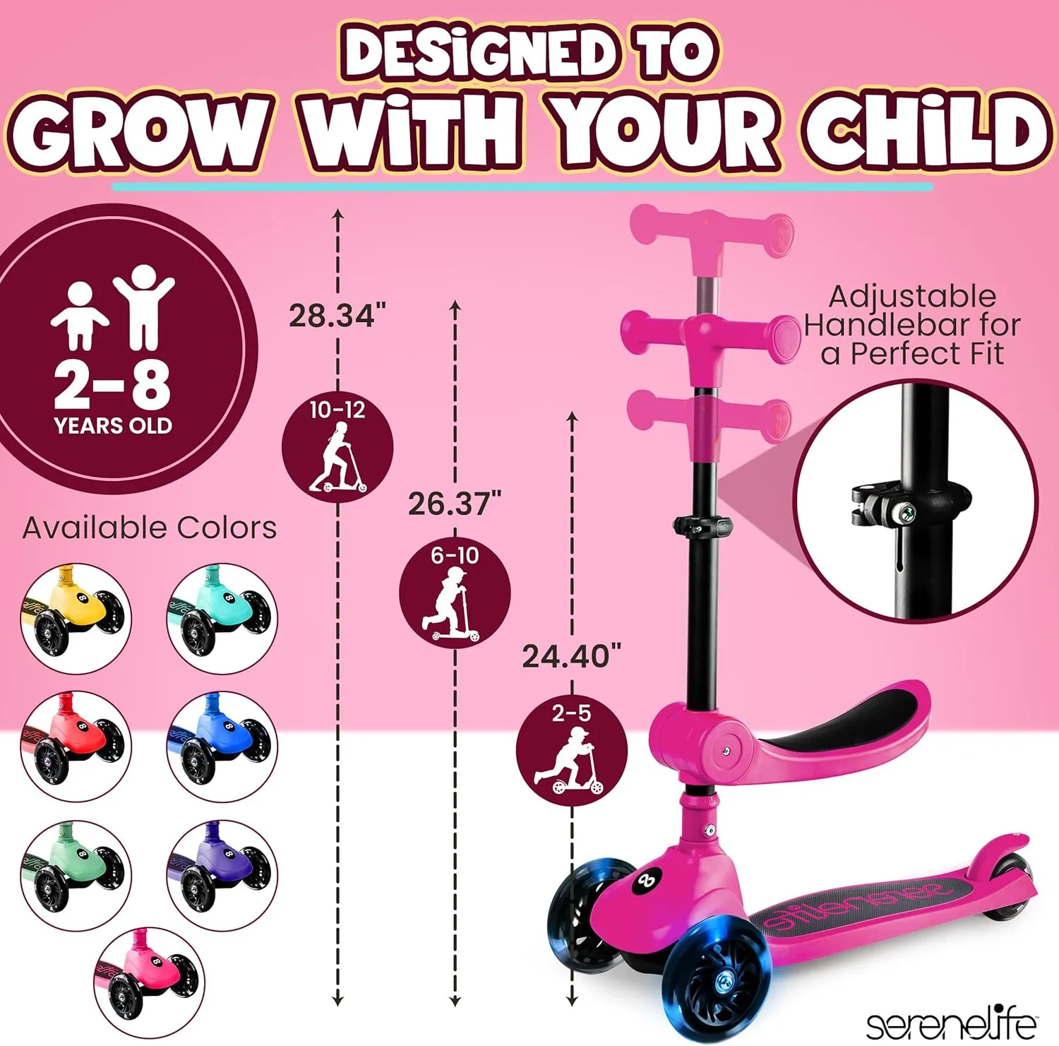 SereneLife 3 Wheel Foldable Kids Scooter - Foldable Seat, LED Wheel Lights, Adjustable Handlebar, Rear Foot Brake, Lean-to-Steer, Anti-Slip Deck, Ideal for Toddlers Kids 3 , up to 110Lbs