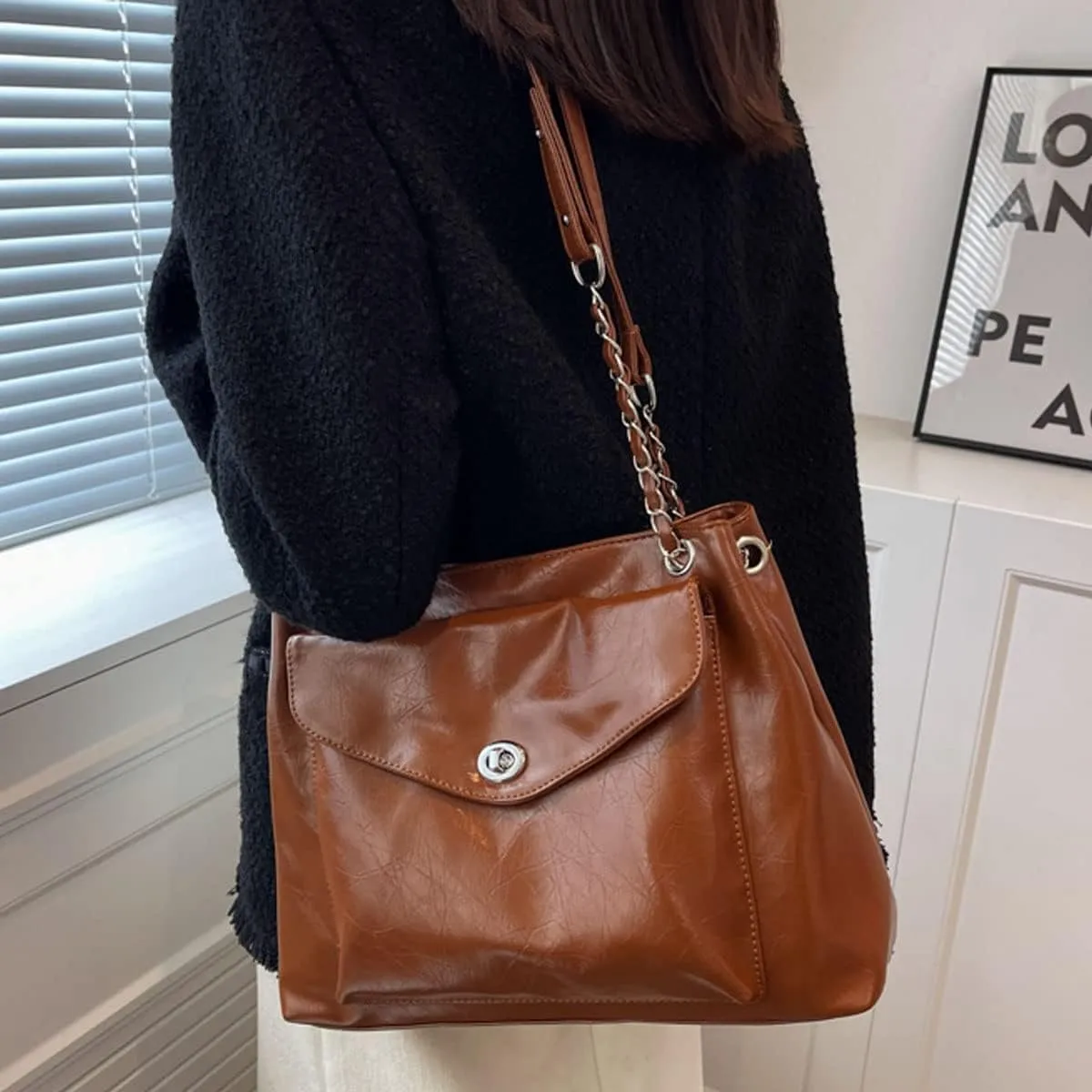 Shoulder Bag for Women PU Leather Tote Two Shoulder Straps Purse Chain Crossbody Bag Large Hobo Bag Fashion Handbag