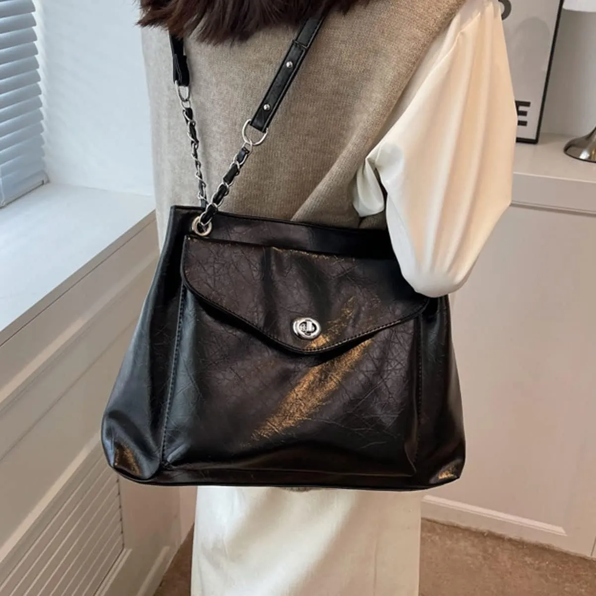 Shoulder Bag for Women PU Leather Tote Two Shoulder Straps Purse Chain Crossbody Bag Large Hobo Bag Fashion Handbag