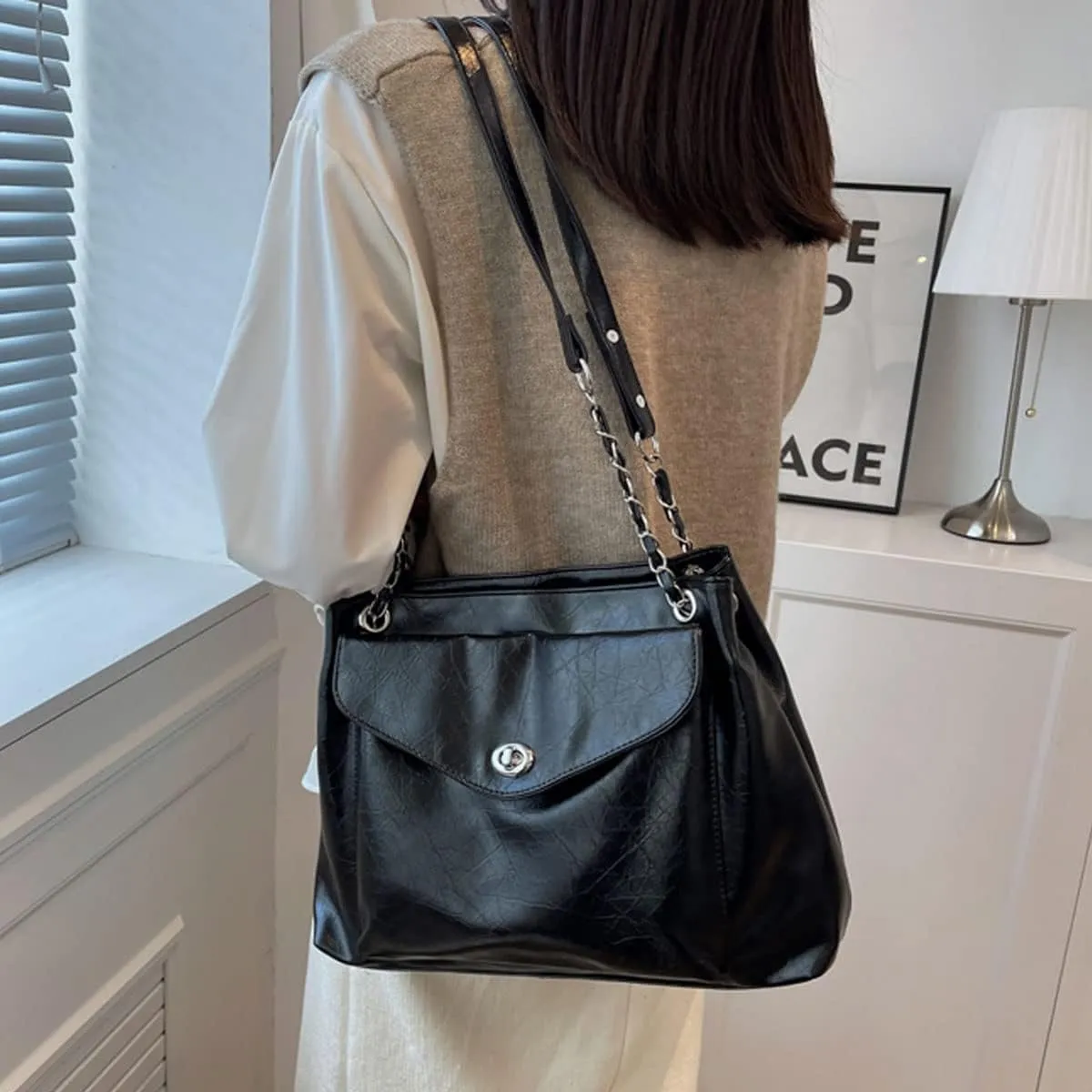 Shoulder Bag for Women PU Leather Tote Two Shoulder Straps Purse Chain Crossbody Bag Large Hobo Bag Fashion Handbag