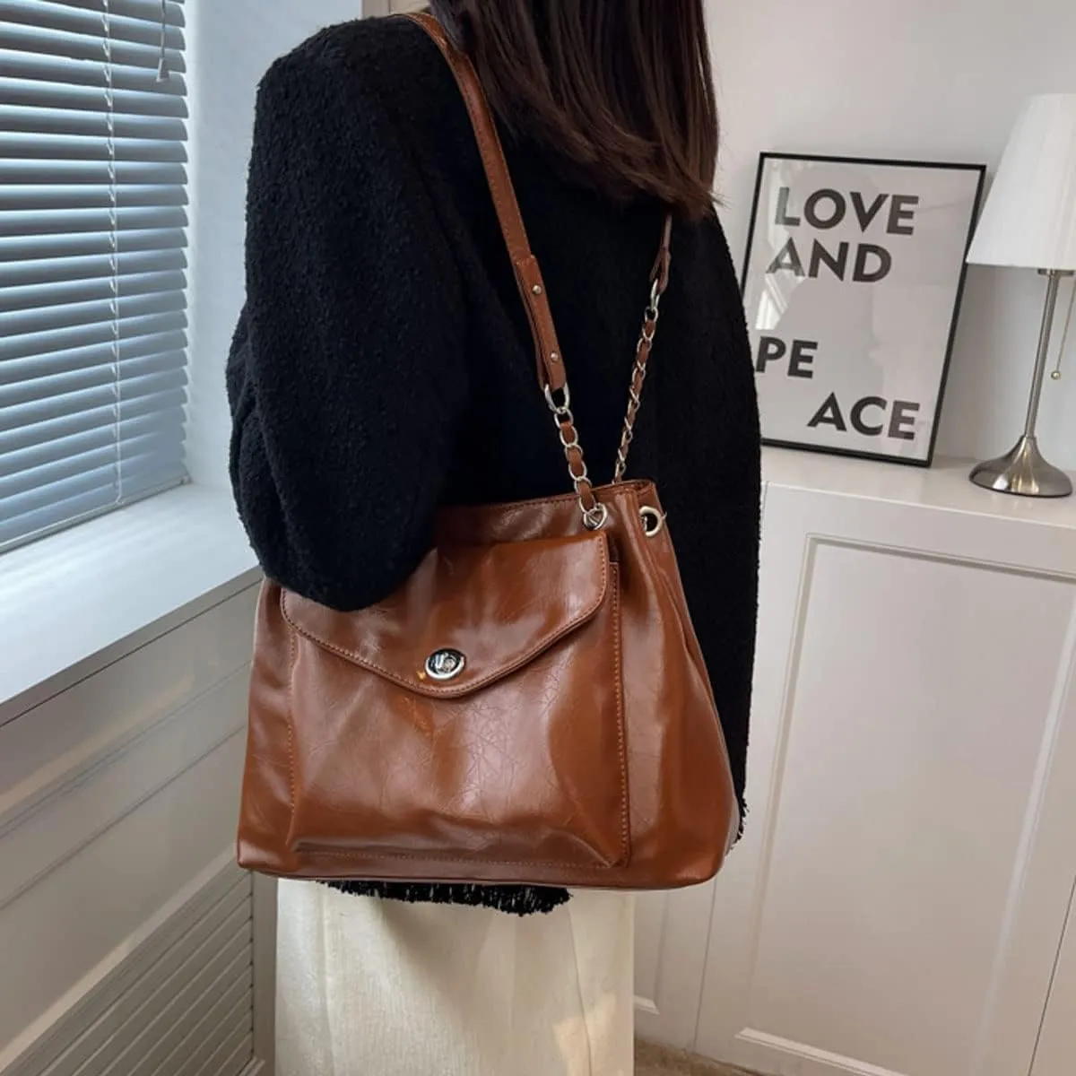Shoulder Bag for Women PU Leather Tote Two Shoulder Straps Purse Chain Crossbody Bag Large Hobo Bag Fashion Handbag