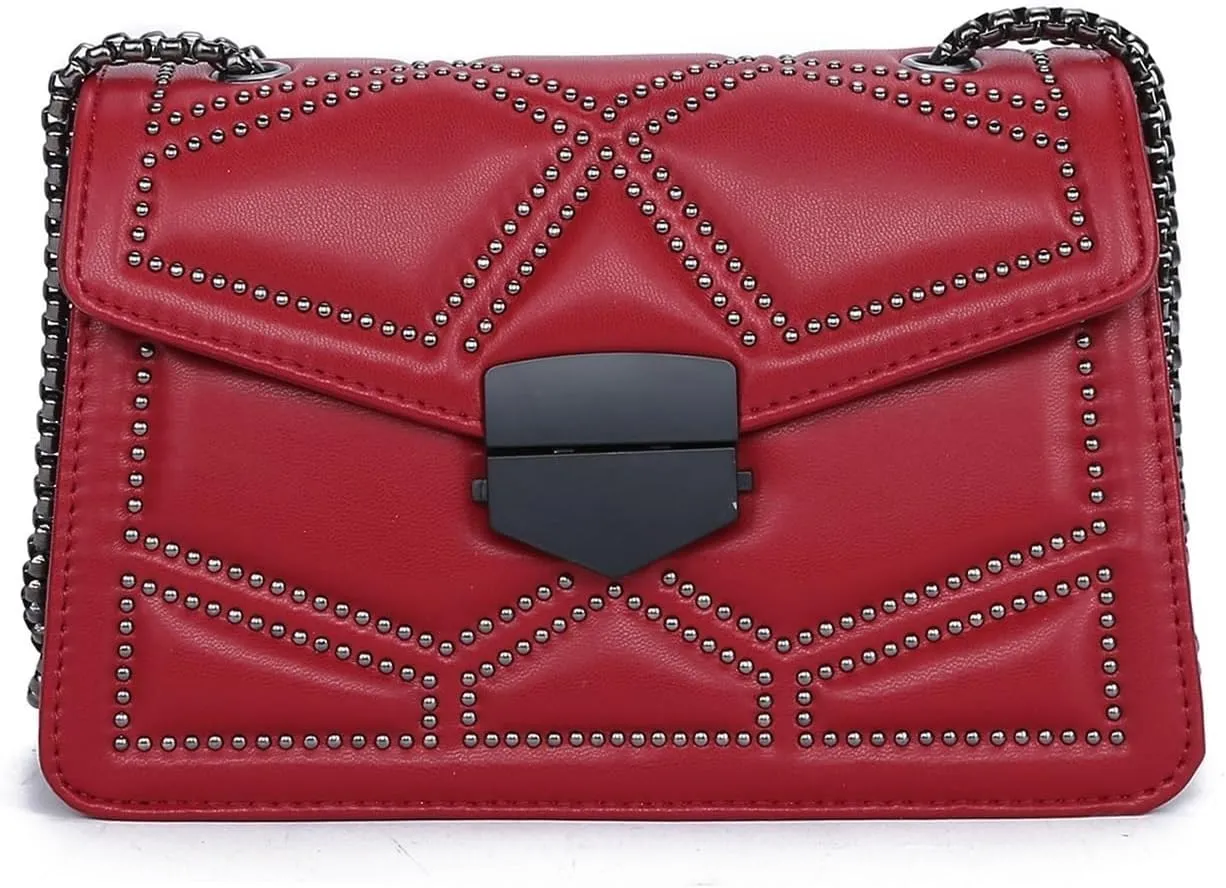 Shoulder Bag Rivet Chain PU Leather Messenger Bag for Women - Small Shoulder Handbag - Stylish and Versatile(Red)