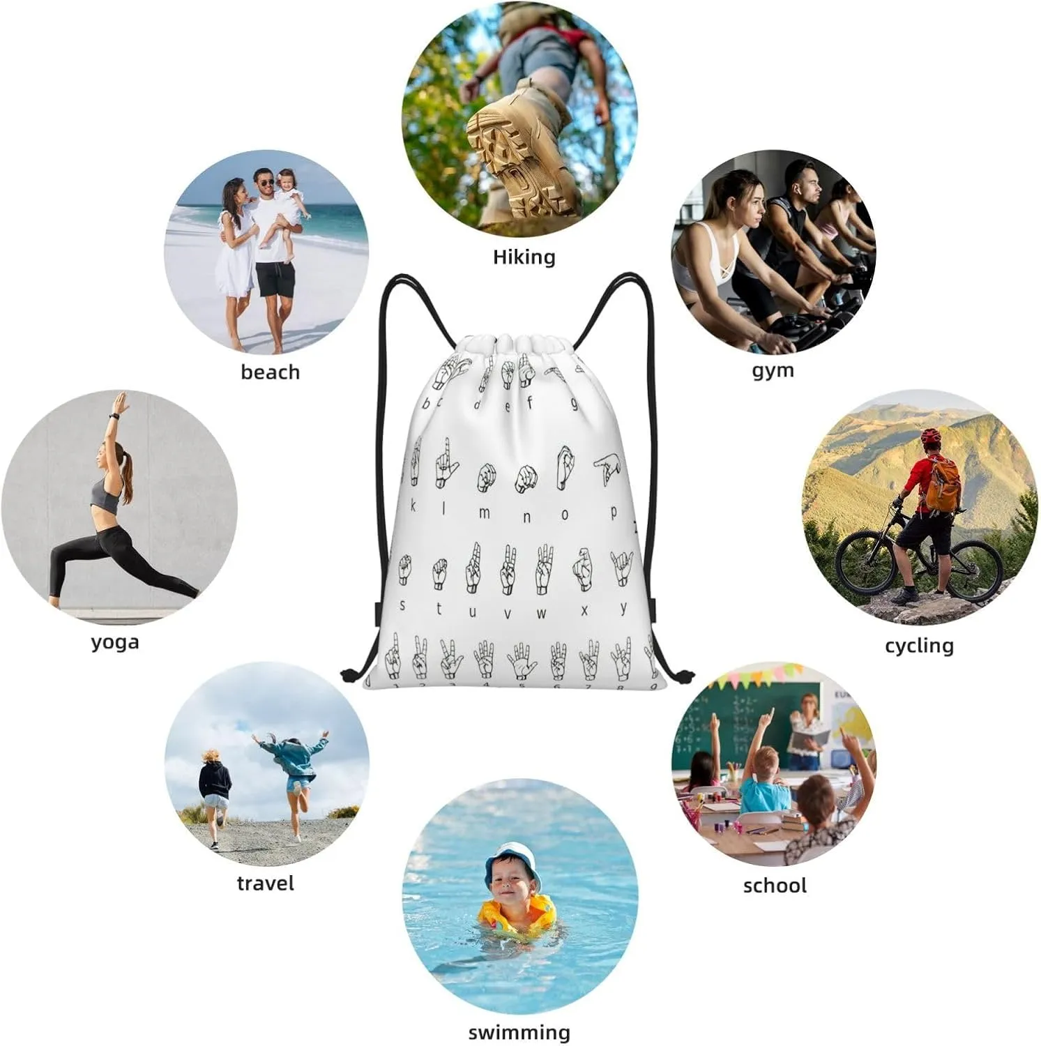 Sign Language Alphabet. Print Drawstring Backpack,Foldable Gym Sack For Sports,Travel,Yoga,Hiking,Adjustable