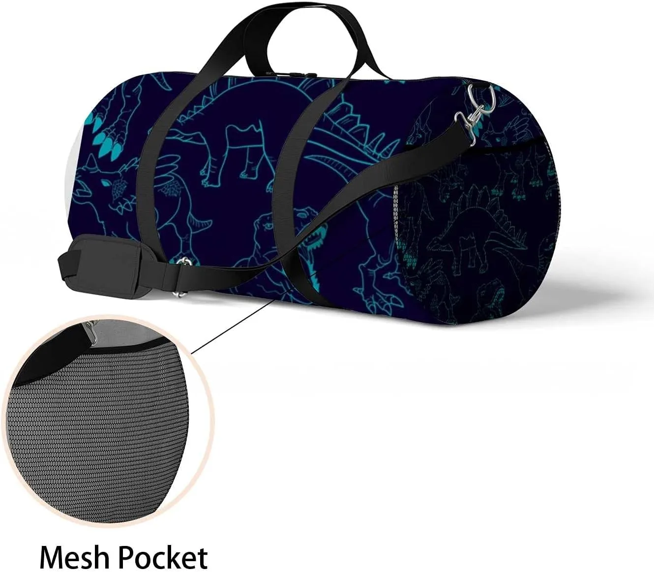Silhouette Dinosaur Blue Sports Duffel Bag Travel Gym Tote Bags Lightweight Durable Shoulder Strap Waterproof Polyester Outside Mesh Pocket Overnight Trip Duffel Bag for Women Men