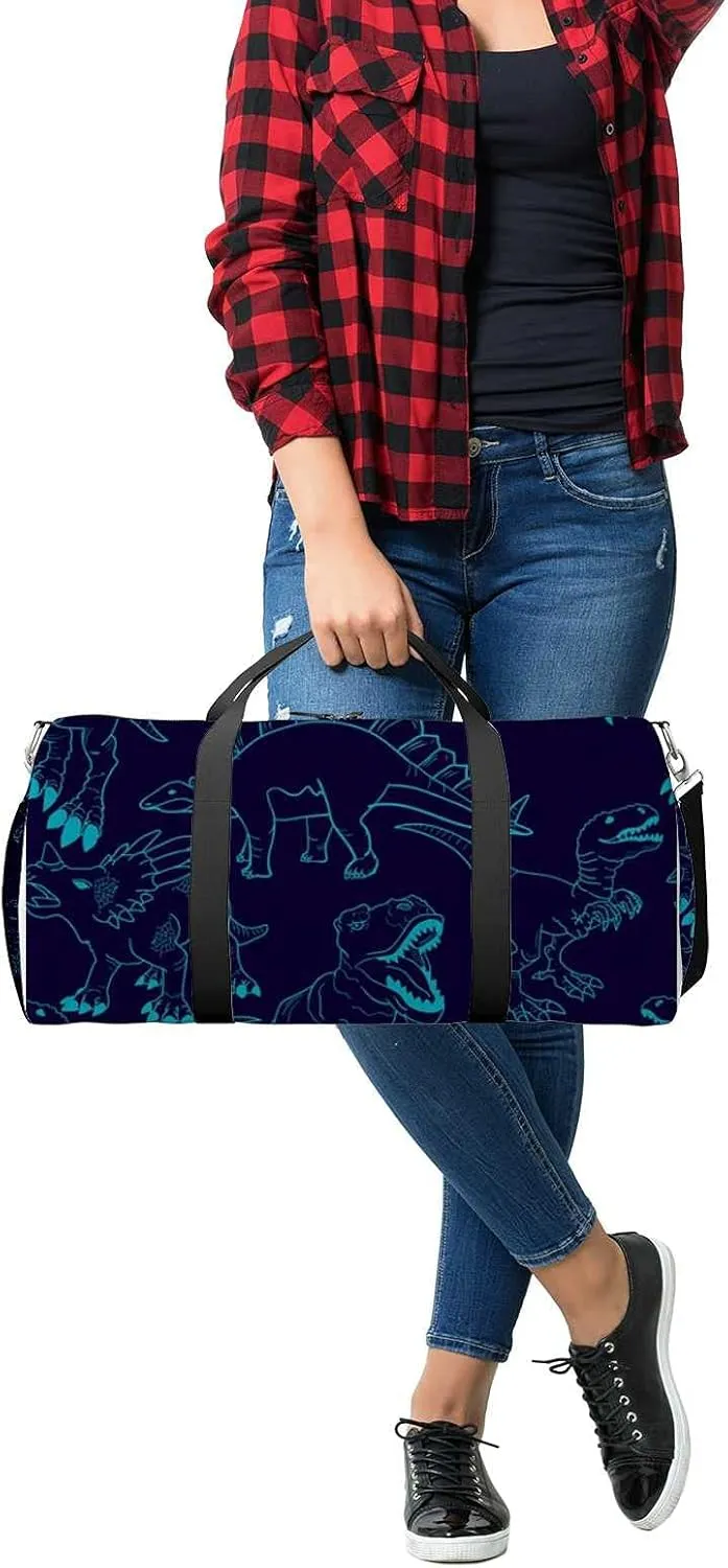 Silhouette Dinosaur Blue Sports Duffel Bag Travel Gym Tote Bags Lightweight Durable Shoulder Strap Waterproof Polyester Outside Mesh Pocket Overnight Trip Duffel Bag for Women Men