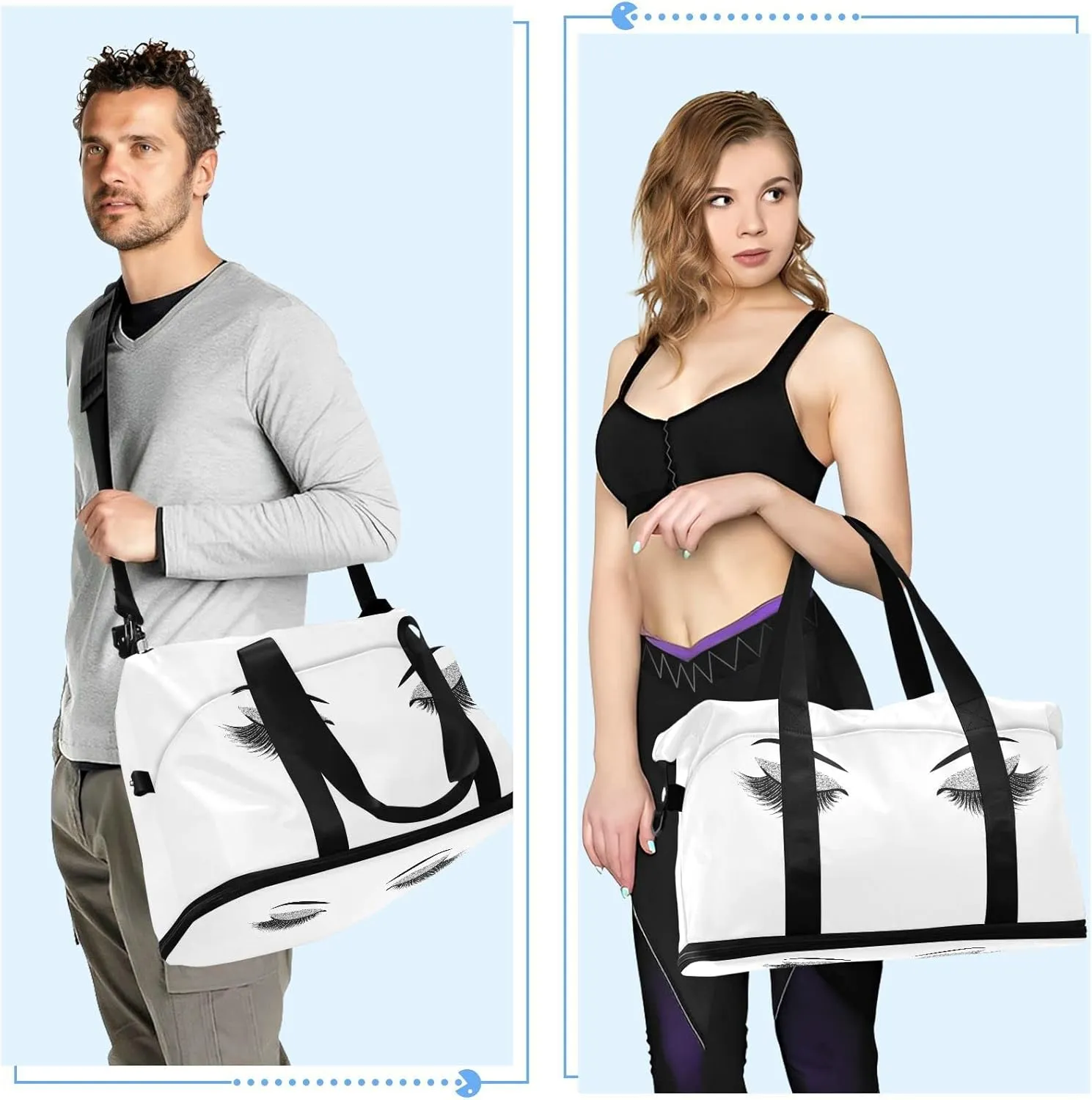 Silver Glittering Eyelash Isolated on White Gym Duffel Bag, Polyester Travel Weekender Luggage Handbag with Waterproof Pocket for Wet Items, Unisex Foldable Tote for Sports