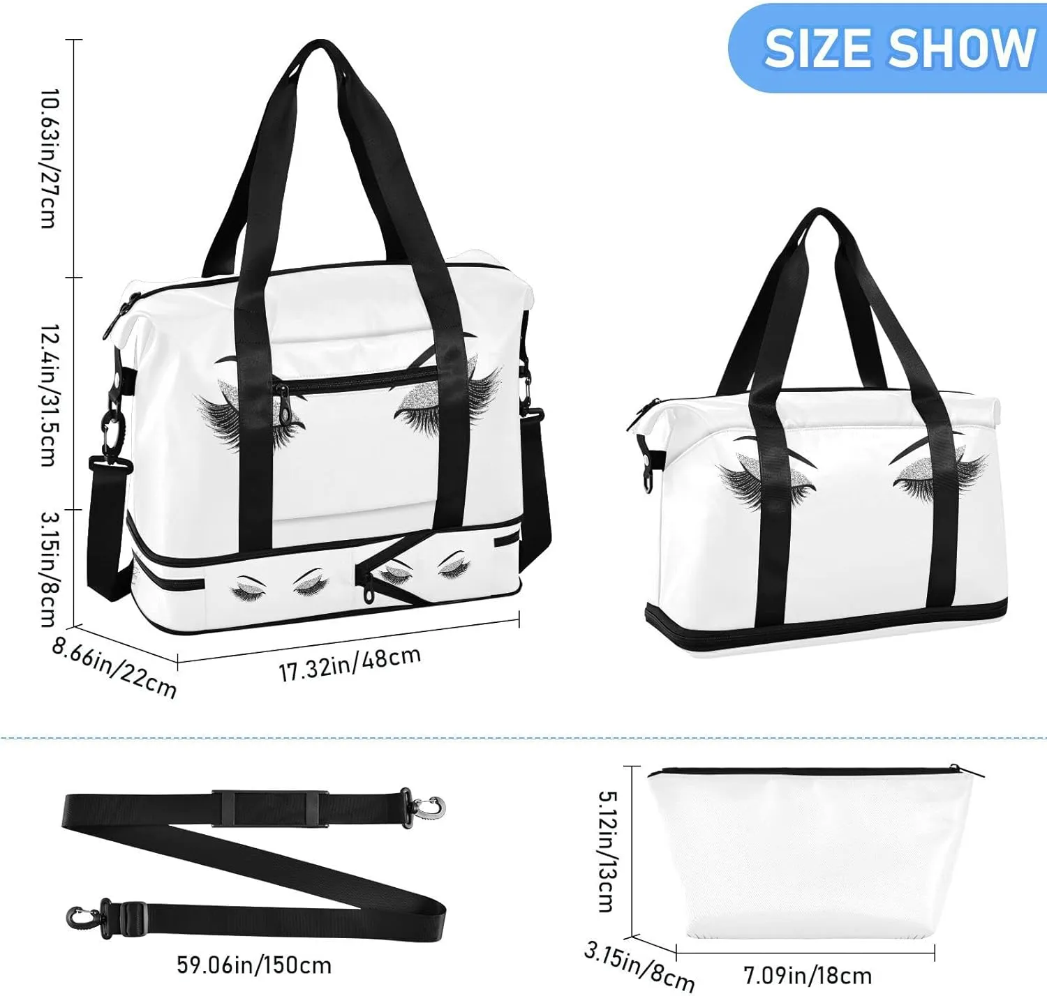 Silver Glittering Eyelash Isolated on White Gym Duffel Bag, Polyester Travel Weekender Luggage Handbag with Waterproof Pocket for Wet Items, Unisex Foldable Tote for Sports