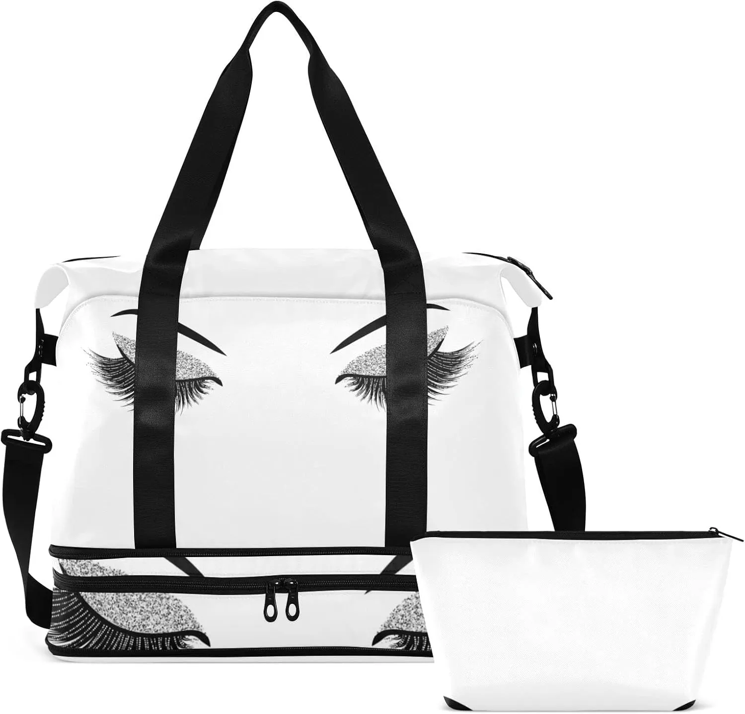 Silver Glittering Eyelash Isolated on White Gym Duffel Bag, Polyester Travel Weekender Luggage Handbag with Waterproof Pocket for Wet Items, Unisex Foldable Tote for Sports