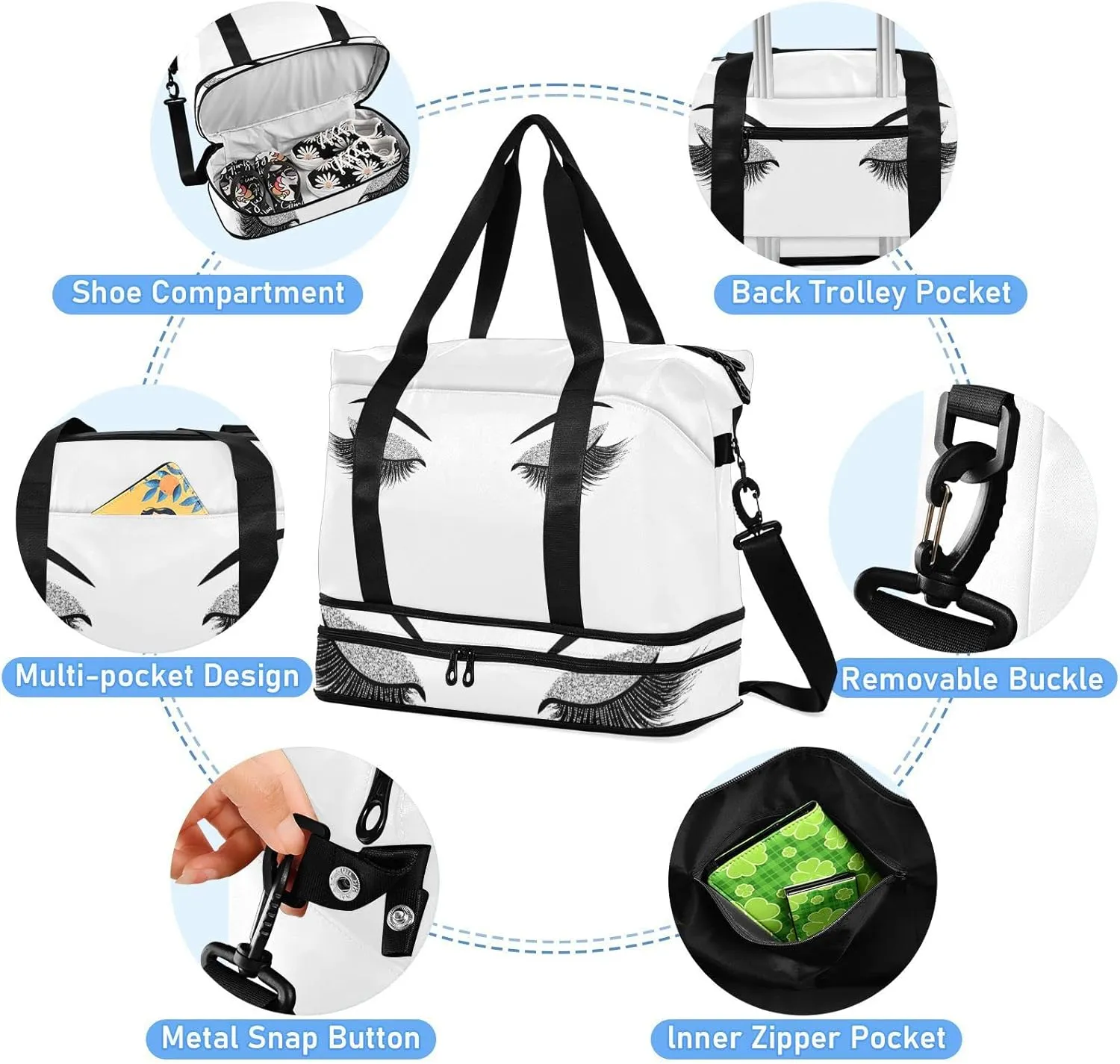 Silver Glittering Eyelash Isolated on White Gym Duffel Bag, Polyester Travel Weekender Luggage Handbag with Waterproof Pocket for Wet Items, Unisex Foldable Tote for Sports