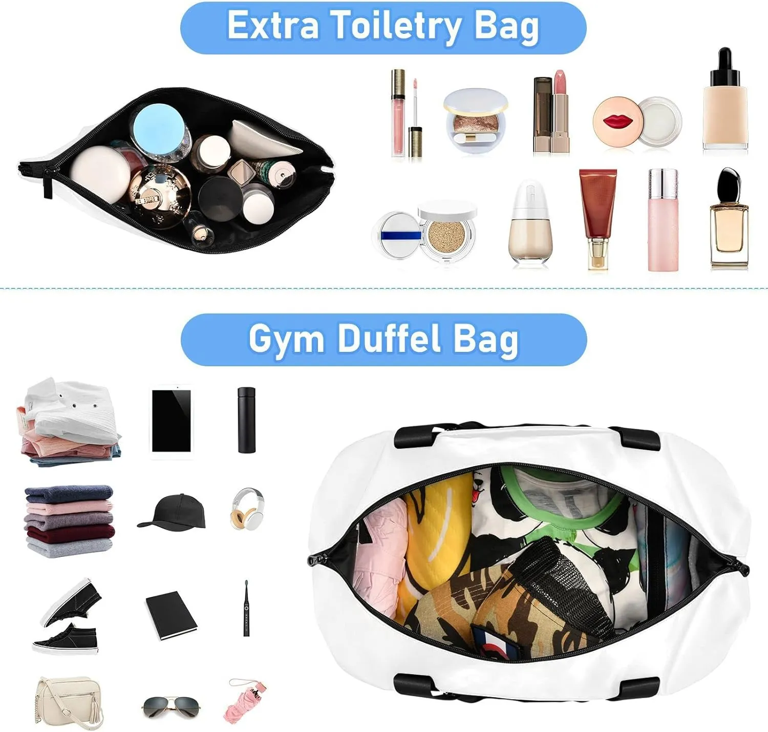 Silver Glittering Eyelash Isolated on White Gym Duffel Bag, Polyester Travel Weekender Luggage Handbag with Waterproof Pocket for Wet Items, Unisex Foldable Tote for Sports