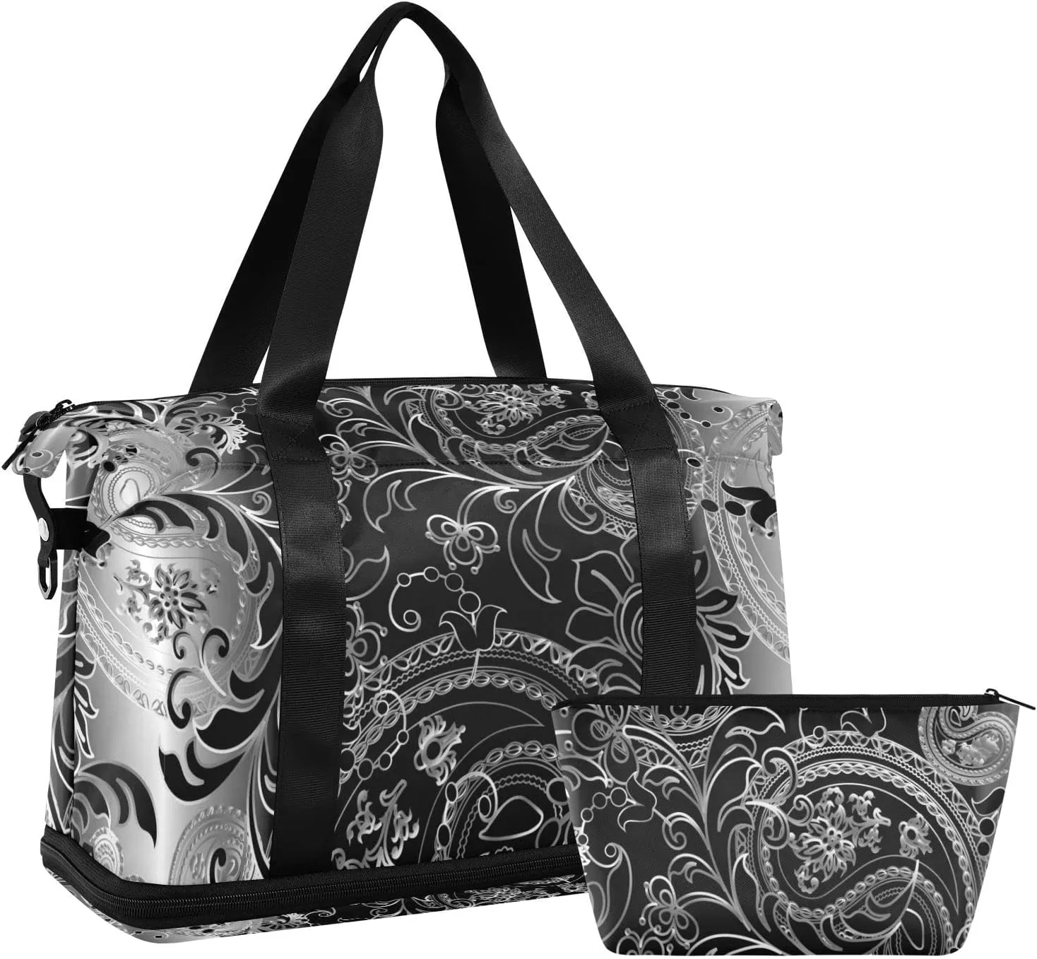 Silver White Paisley Flowers Leaves Royal Elegant Ornaments Gym Duffel Bag, Polyester Travel Weekender Luggage Handbag with Waterproof Pocket for Wet Items, Unisex Foldable Tote for Sports