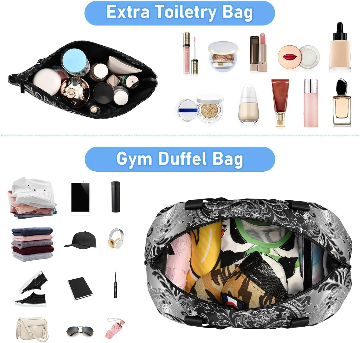 Silver White Paisley Flowers Leaves Royal Elegant Ornaments Gym Duffel Bag, Polyester Travel Weekender Luggage Handbag with Waterproof Pocket for Wet Items, Unisex Foldable Tote for Sports