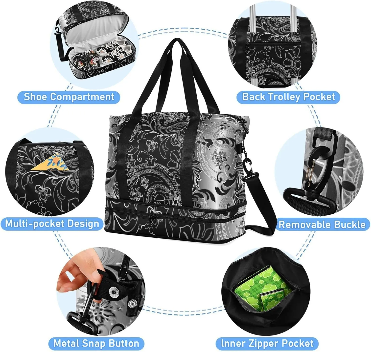 Silver White Paisley Flowers Leaves Royal Elegant Ornaments Gym Duffel Bag, Polyester Travel Weekender Luggage Handbag with Waterproof Pocket for Wet Items, Unisex Foldable Tote for Sports