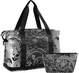 Silver White Paisley Flowers Leaves Royal Elegant Ornaments Gym Duffel Bag, Polyester Travel Weekender Luggage Handbag with Waterproof Pocket for Wet Items, Unisex Foldable Tote for Sports
