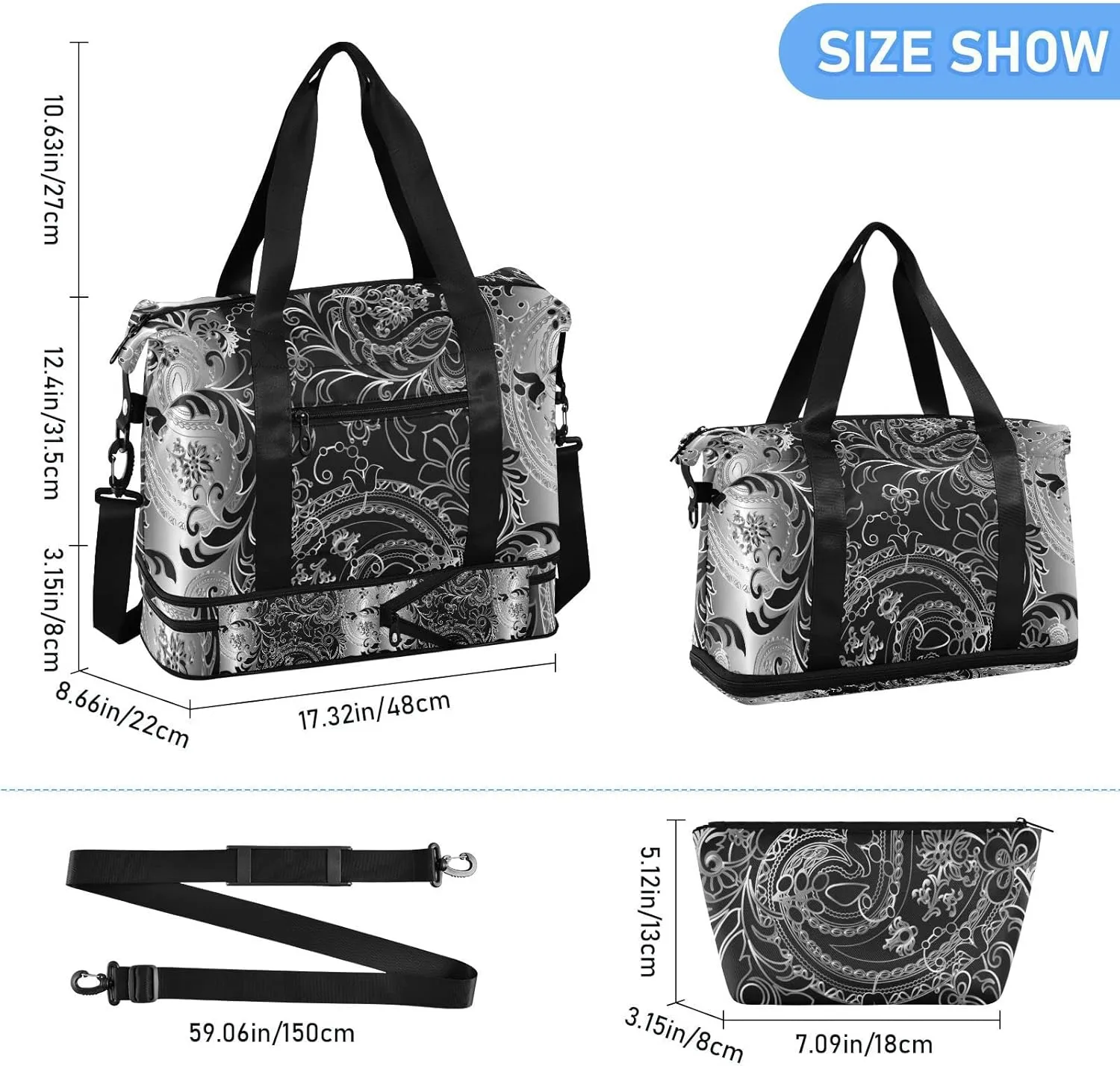 Silver White Paisley Flowers Leaves Royal Elegant Ornaments Gym Duffel Bag, Polyester Travel Weekender Luggage Handbag with Waterproof Pocket for Wet Items, Unisex Foldable Tote for Sports