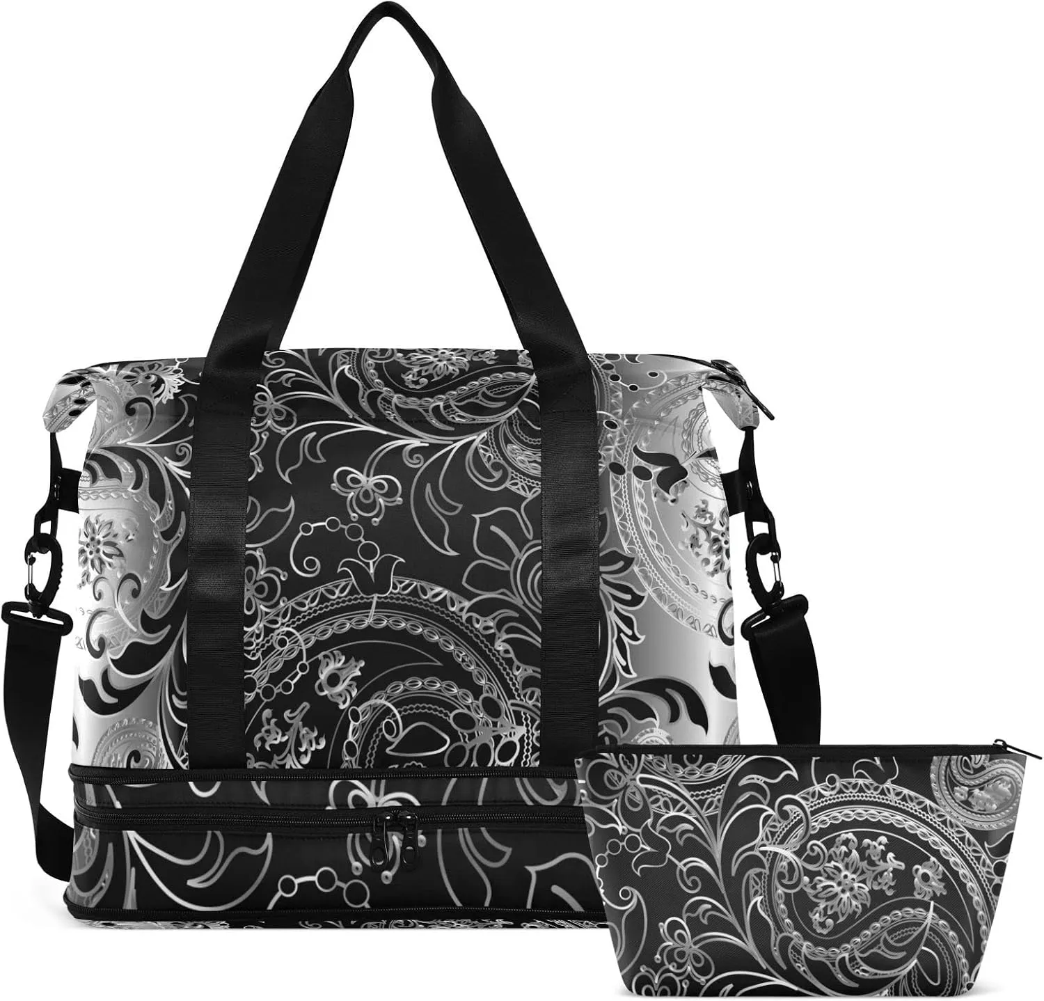 Silver White Paisley Flowers Leaves Royal Elegant Ornaments Gym Duffel Bag, Polyester Travel Weekender Luggage Handbag with Waterproof Pocket for Wet Items, Unisex Foldable Tote for Sports