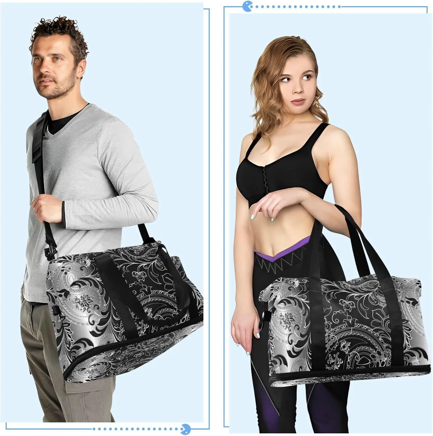 Silver White Paisley Flowers Leaves Royal Elegant Ornaments Gym Duffel Bag, Polyester Travel Weekender Luggage Handbag with Waterproof Pocket for Wet Items, Unisex Foldable Tote for Sports