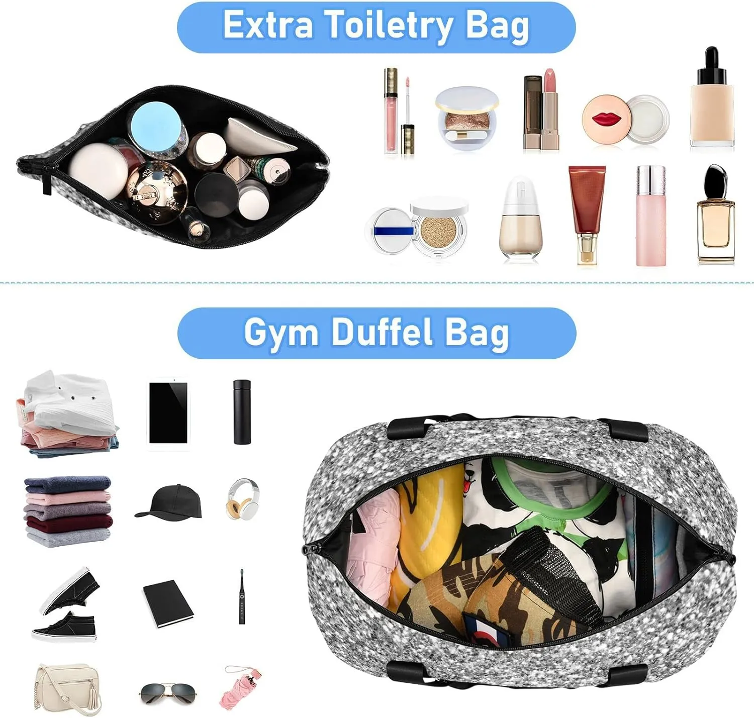 Silver White Shiny Glittering Background Yellow Holiday Tinsel Gym Duffel Bag, Polyester Travel Weekender Luggage Handbag with Waterproof Pocket for Wet Items, Unisex Foldable Tote for Sports