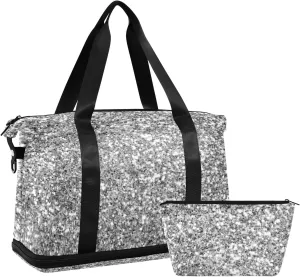 Silver White Shiny Glittering Background Yellow Holiday Tinsel Gym Duffel Bag, Polyester Travel Weekender Luggage Handbag with Waterproof Pocket for Wet Items, Unisex Foldable Tote for Sports